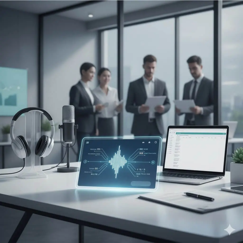 Professional audio translation workspace with microphone, headphones, and waveform visualization