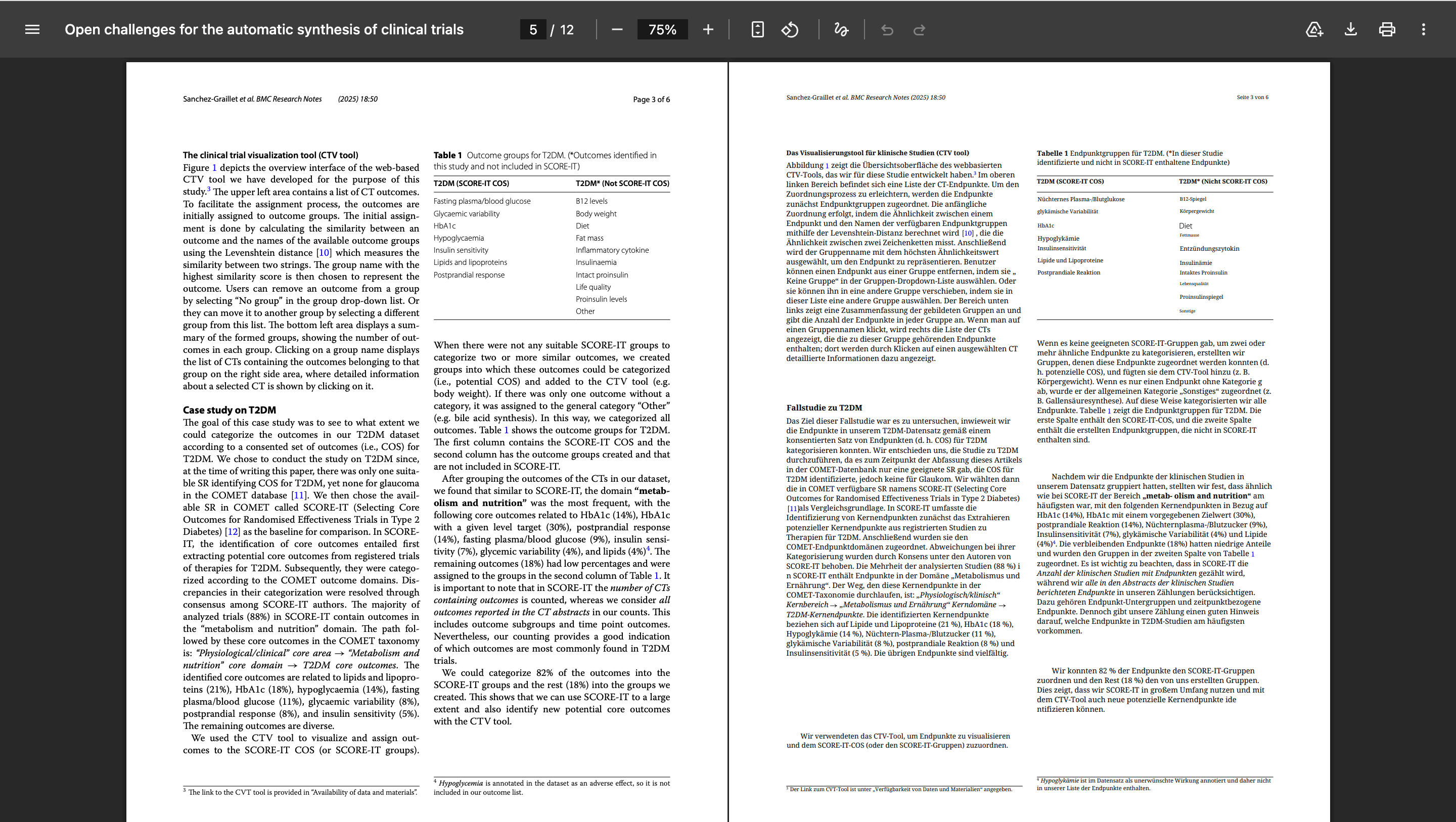 Tabelle und zweispaltiger Text in einer englisch-deutschen PDF-Übersetzung
