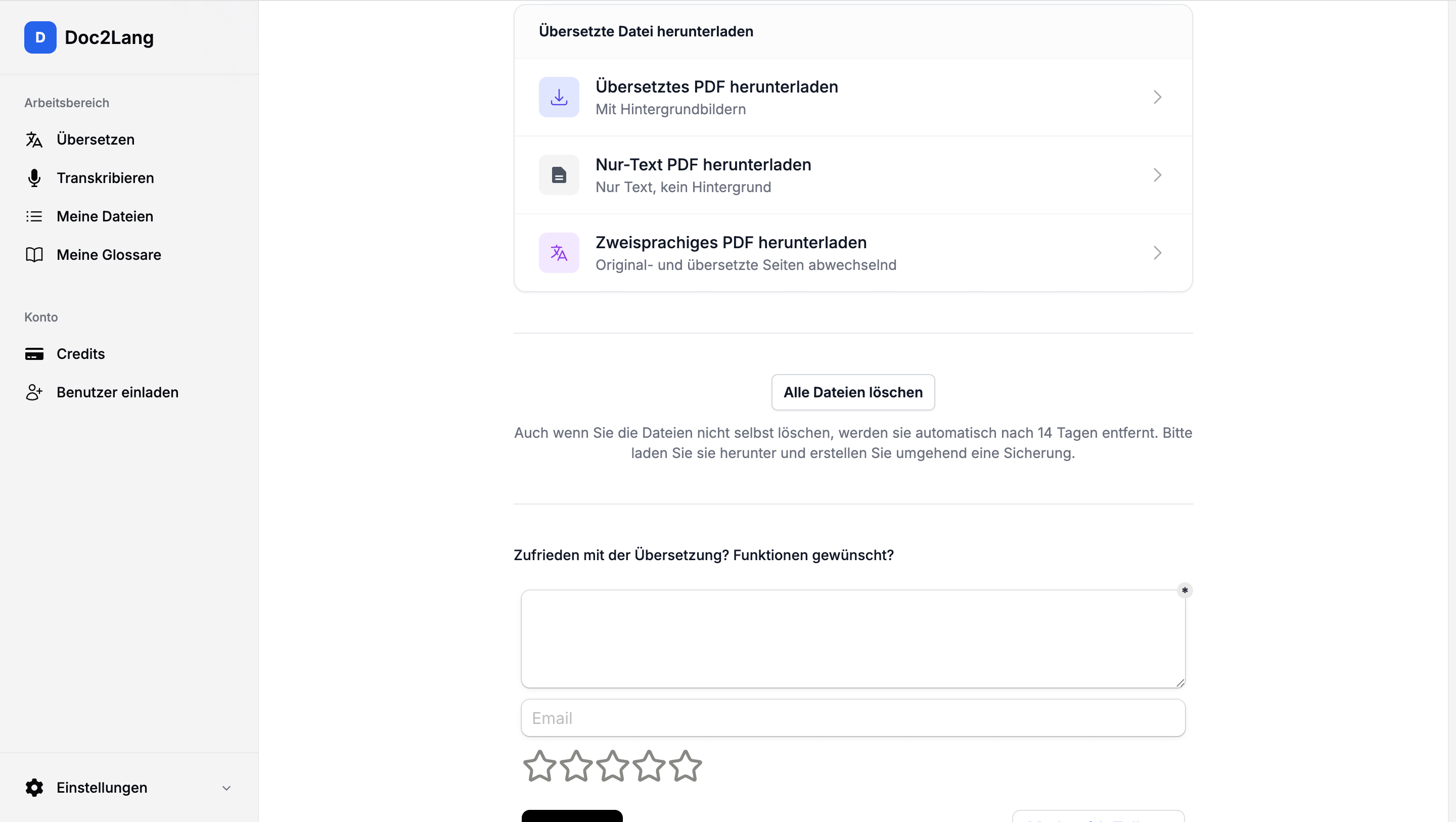 Doc2Lang-Download für übersetzte PDF, Nur-Text-PDF und zweisprachige PDF
