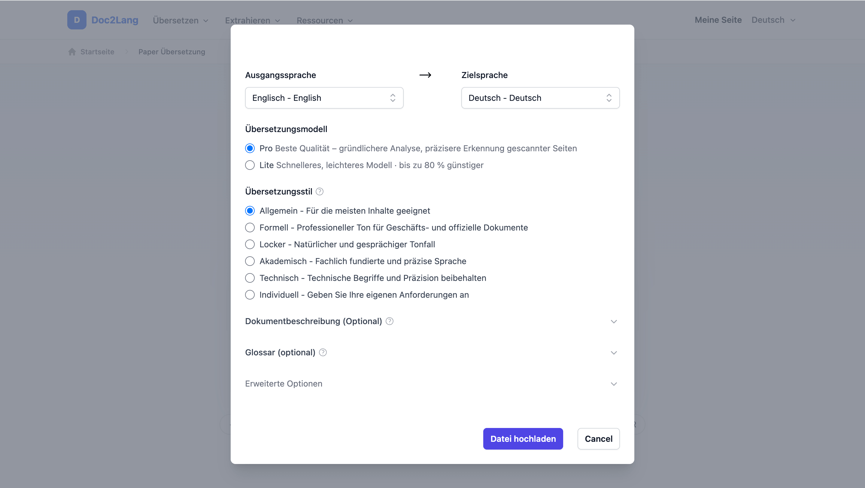 Doc2Lang-Einstellungen für eine PDF-Übersetzung von Englisch nach Deutsch mit dem Pro-Modell