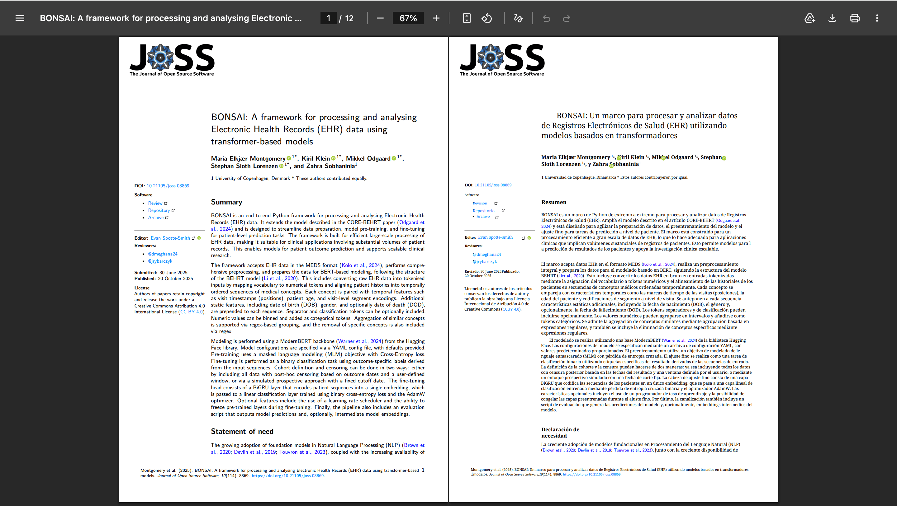 Primera página inglesa y traducción PDF al español con el diseño de JOSS