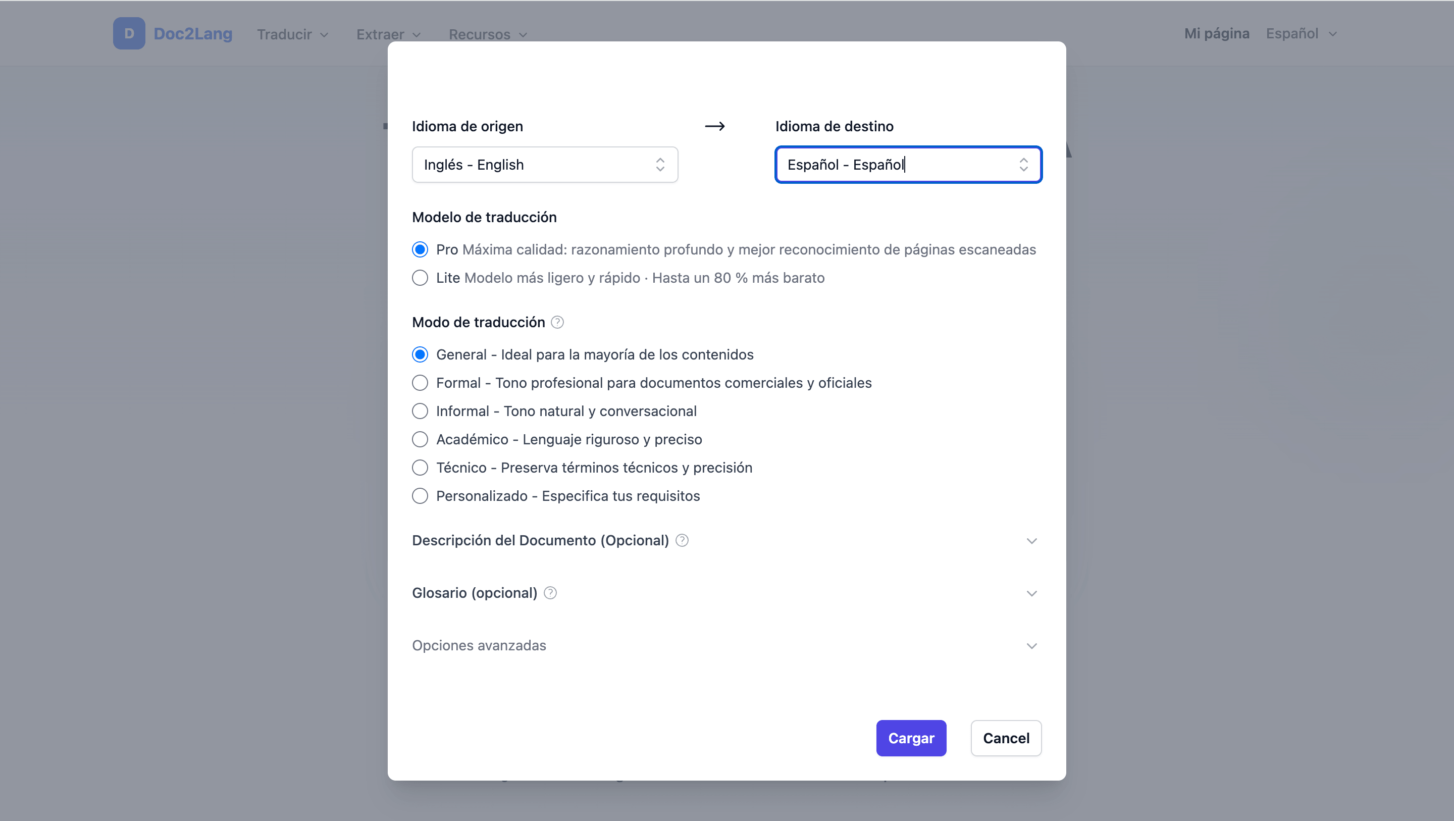 Configuración de Doc2Lang para traducir un PDF de inglés a español con el modelo Pro