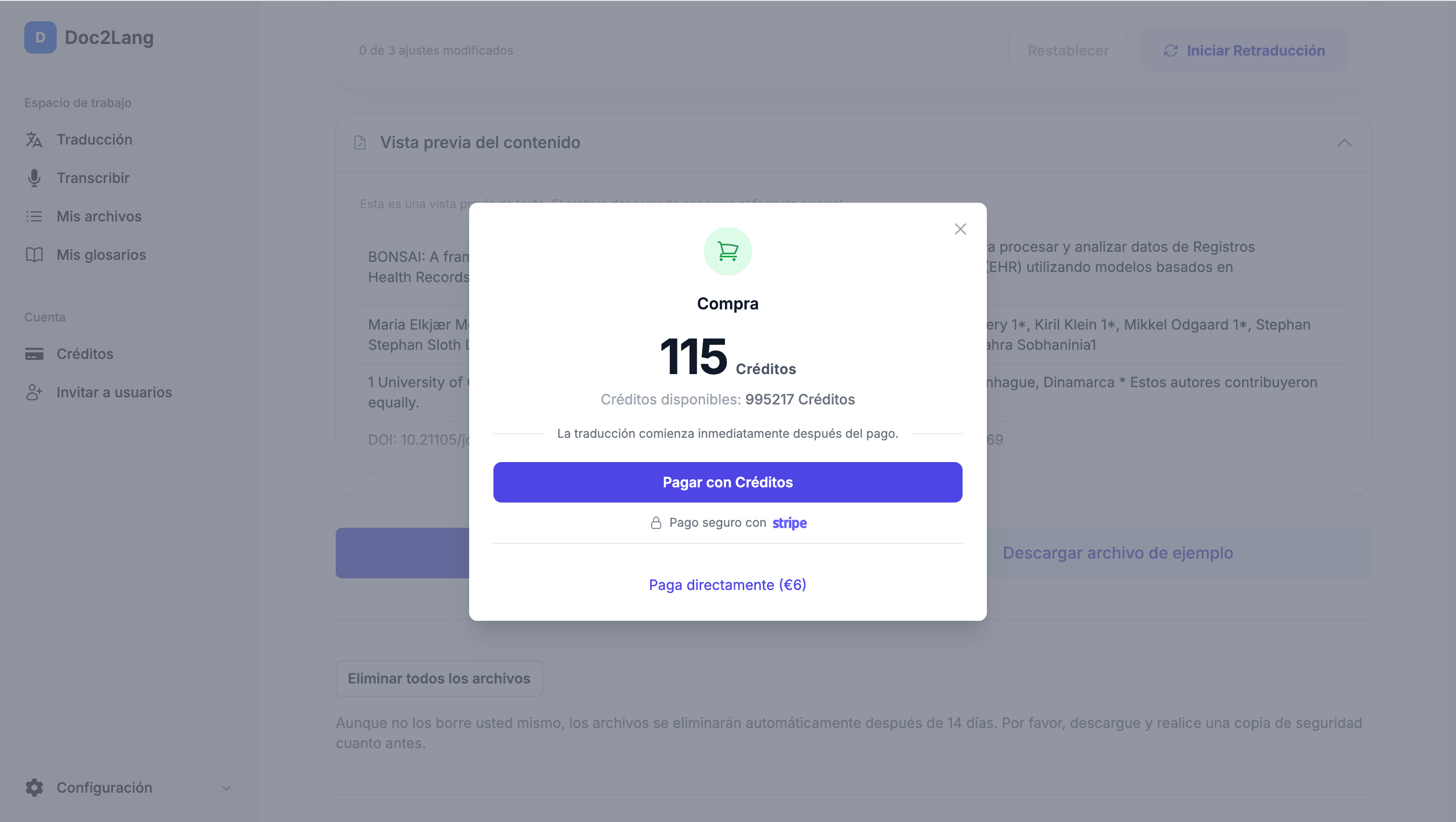 Vista previa gratuita Doc2Lang con precio de 115 créditos o 6 euros