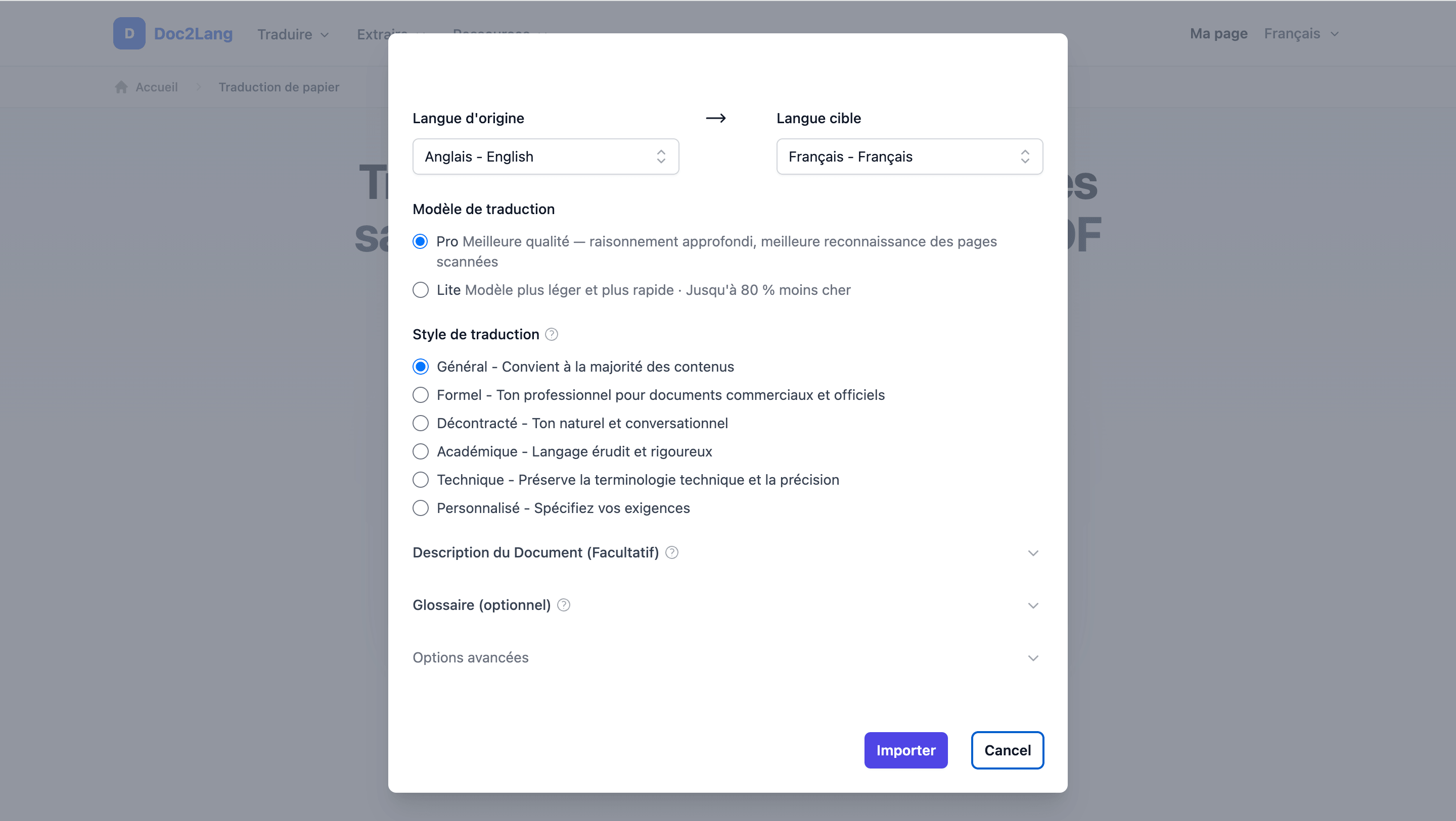 Réglages Doc2Lang pour traduire un PDF de l’anglais vers le français avec le modèle Pro