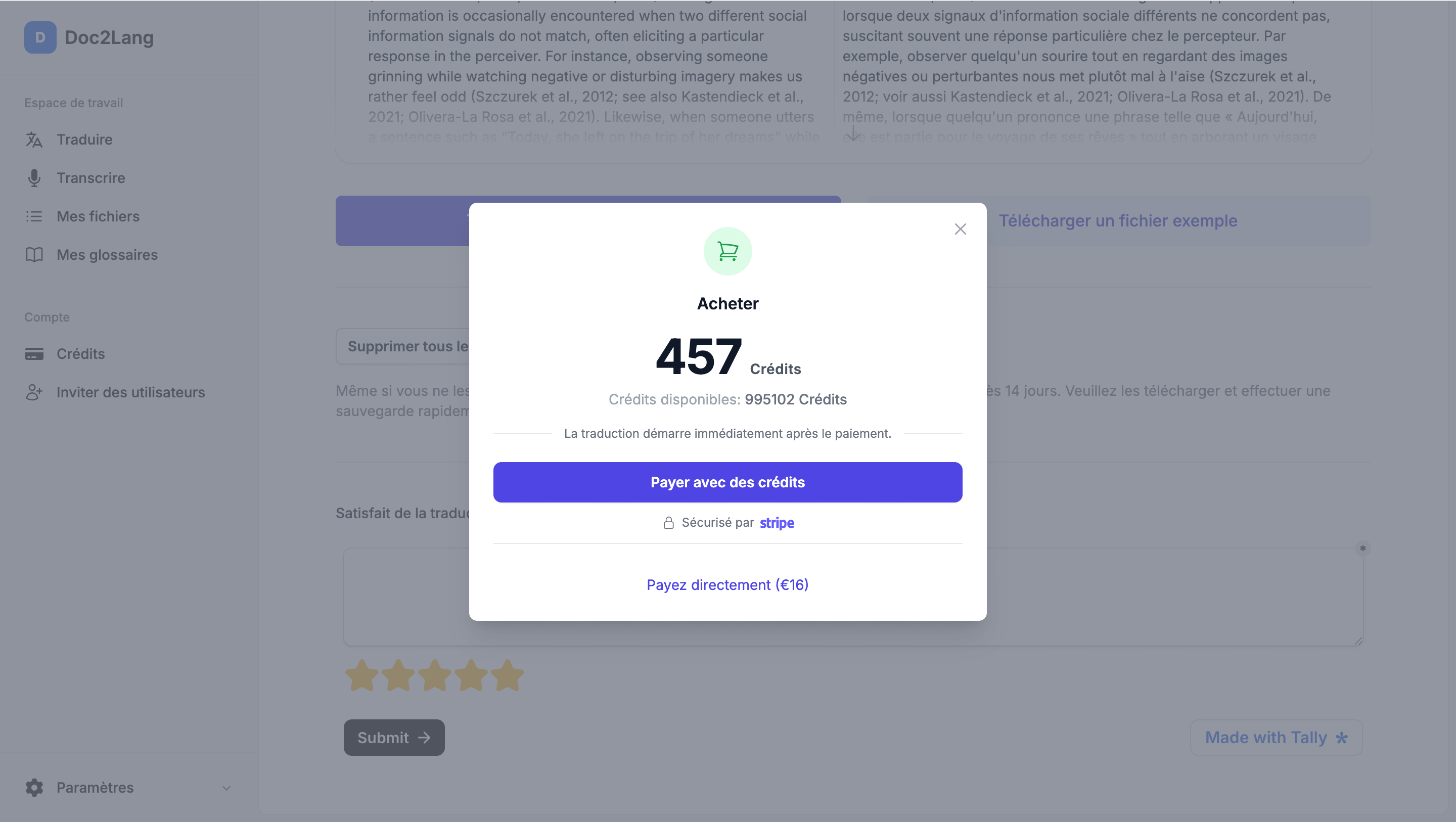 Aperçu gratuit Doc2Lang avec prix de 457 crédits ou 16 euros