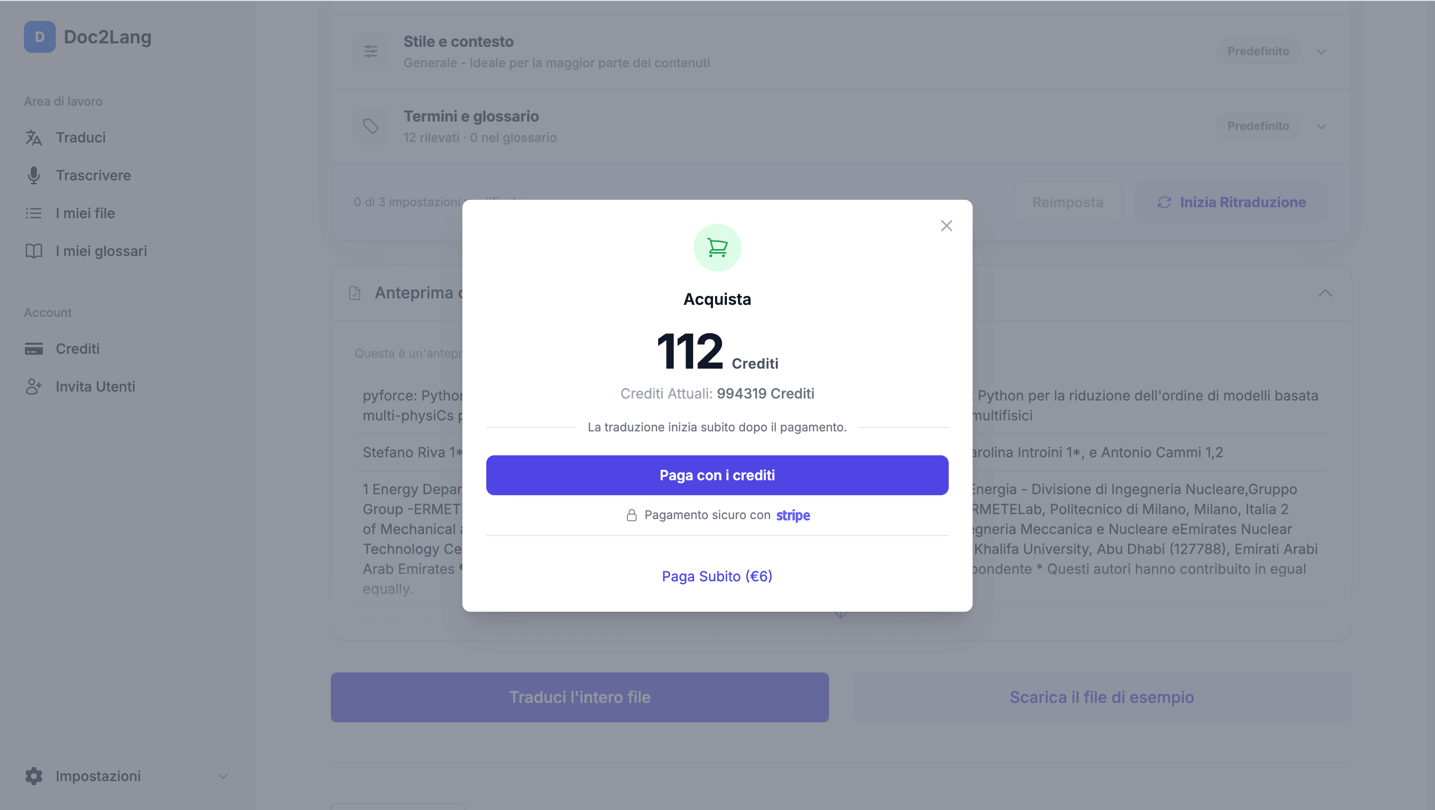 Anteprima gratuita Doc2Lang e preventivo di 112 crediti o 6 euro per il PDF inglese italiano