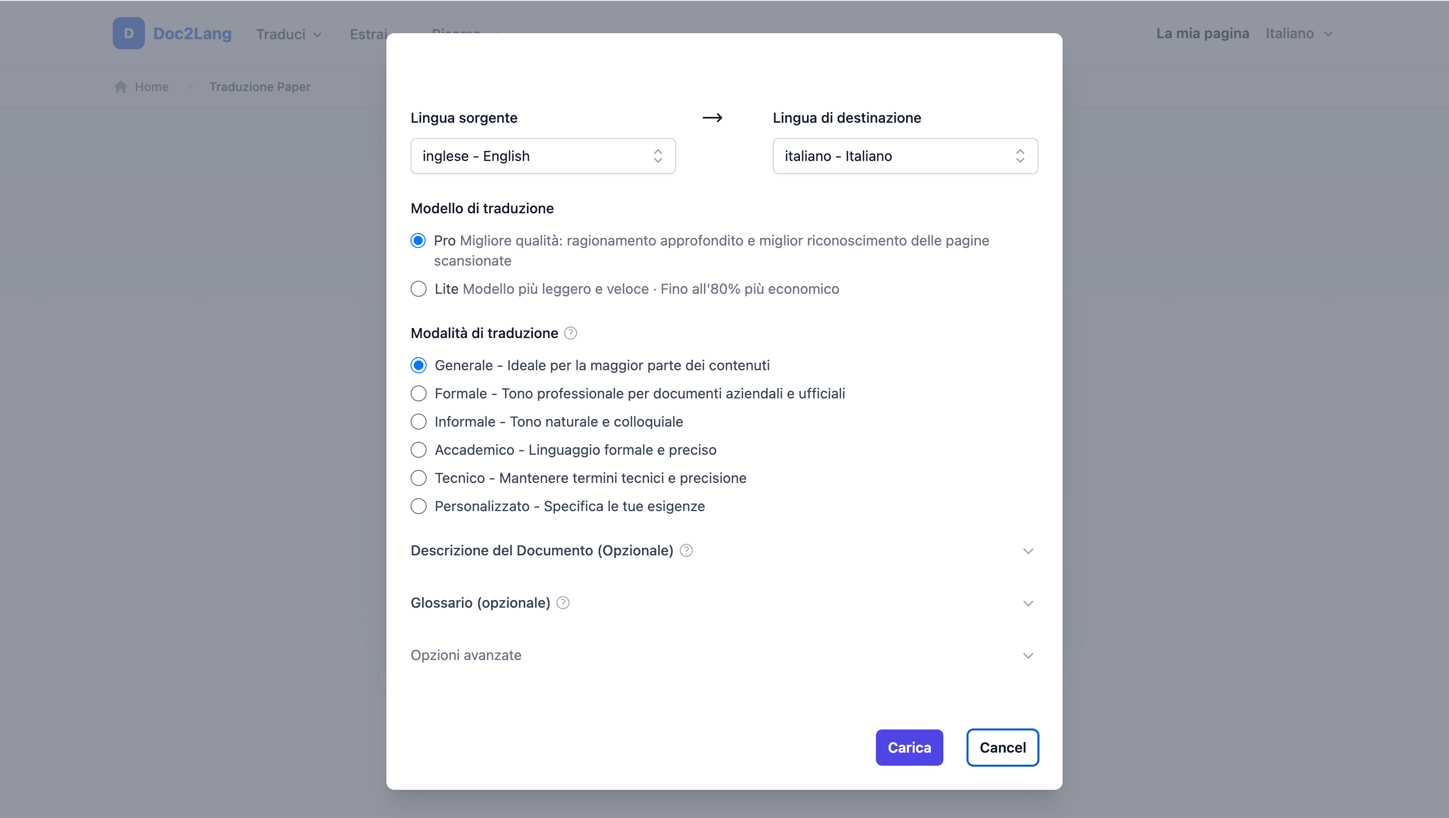 Impostazioni Doc2Lang per tradurre un PDF dall'inglese all'italiano con il modello Pro