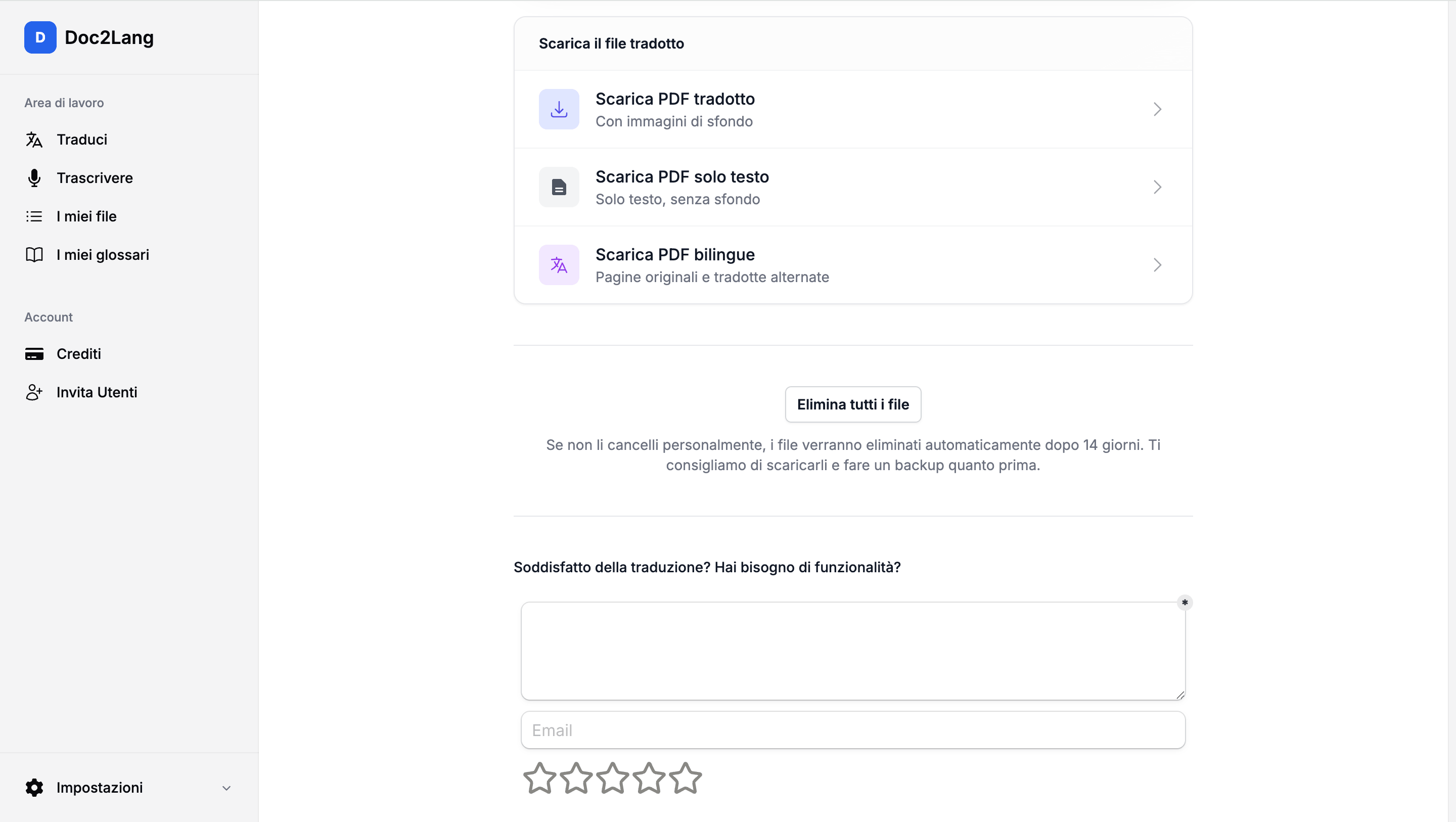 Opzioni Doc2Lang per scaricare PDF tradotto solo testo o bilingue e cancellare i file