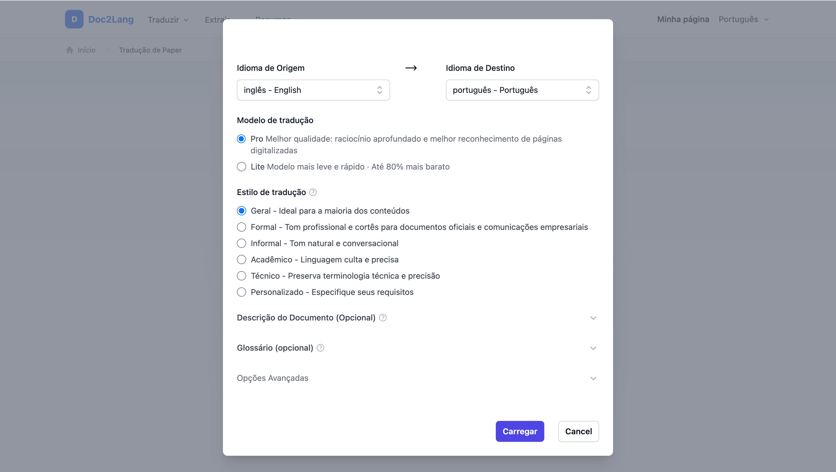 Configuração do Doc2Lang para traduzir PDF de inglês para português com o modelo Pro