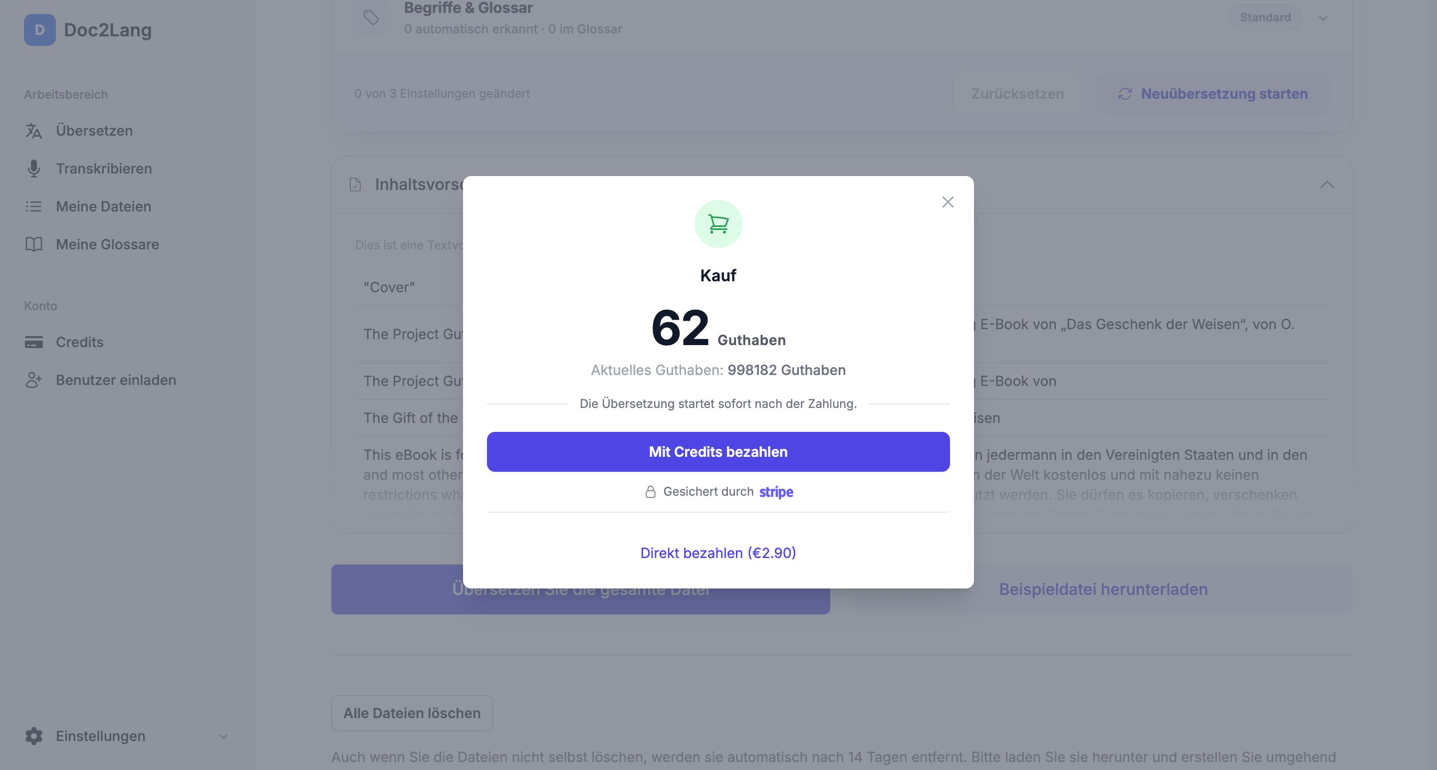 Zahlungsbildschirm vor der Übersetzung mit Anzeige der Credits und des Betrags, Zahlung über Stripe