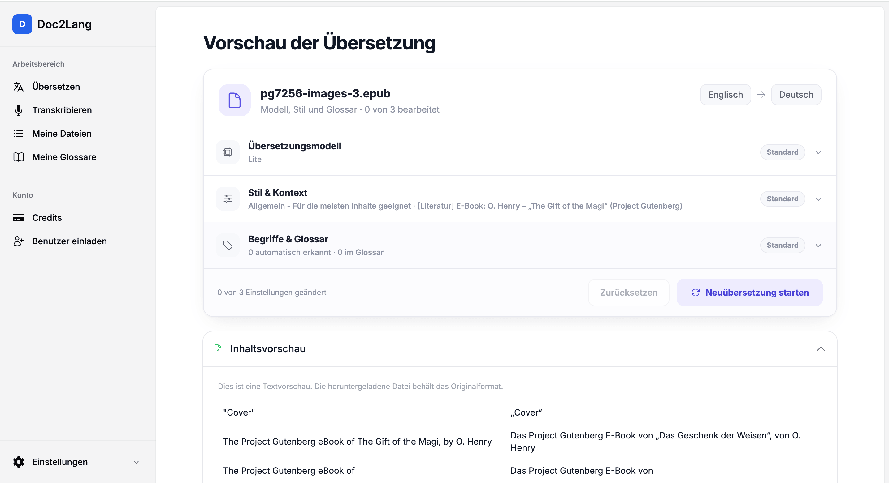 Vorschau mit englischem Originaltext und der Übersetzung von „Das Geschenk der Weisen“ nebeneinander