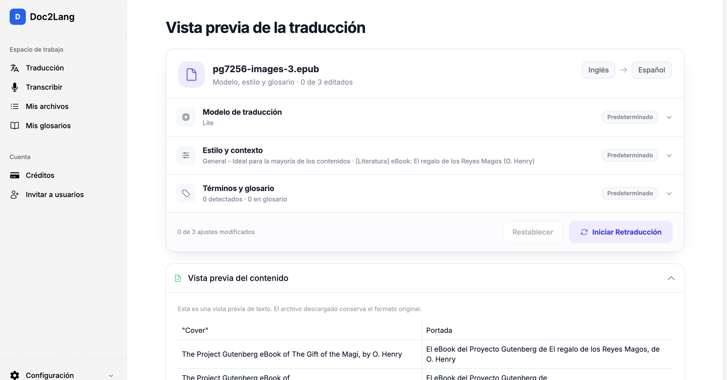 Vista previa de la traducción que muestra, en paralelo, el texto original en inglés y la traducción al español de «El regalo de los Reyes Magos»