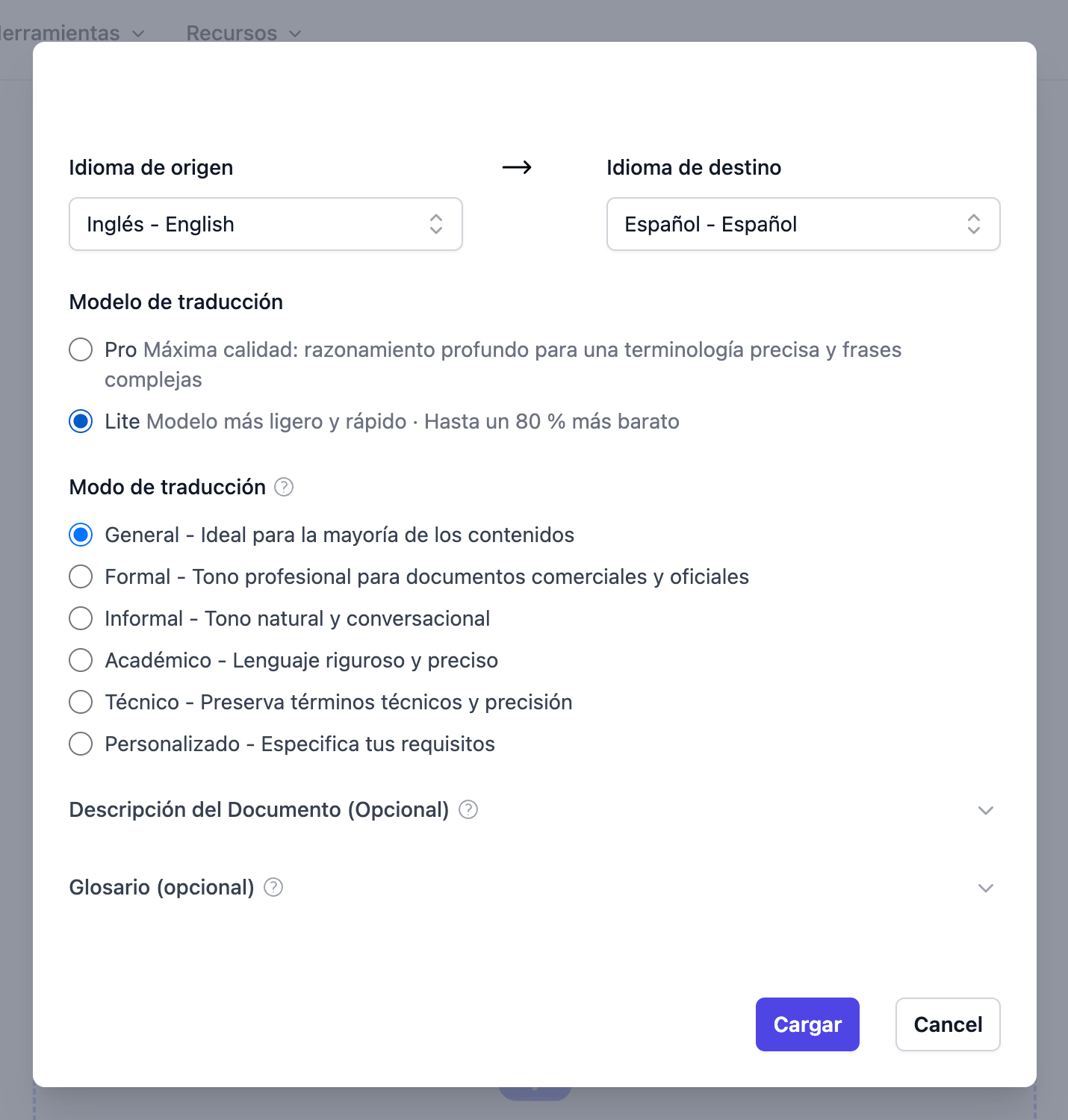 Diálogo de Doc2Lang para elegir idioma de origen y destino, el modelo Pro o Lite, un estilo de traducción y un glosario