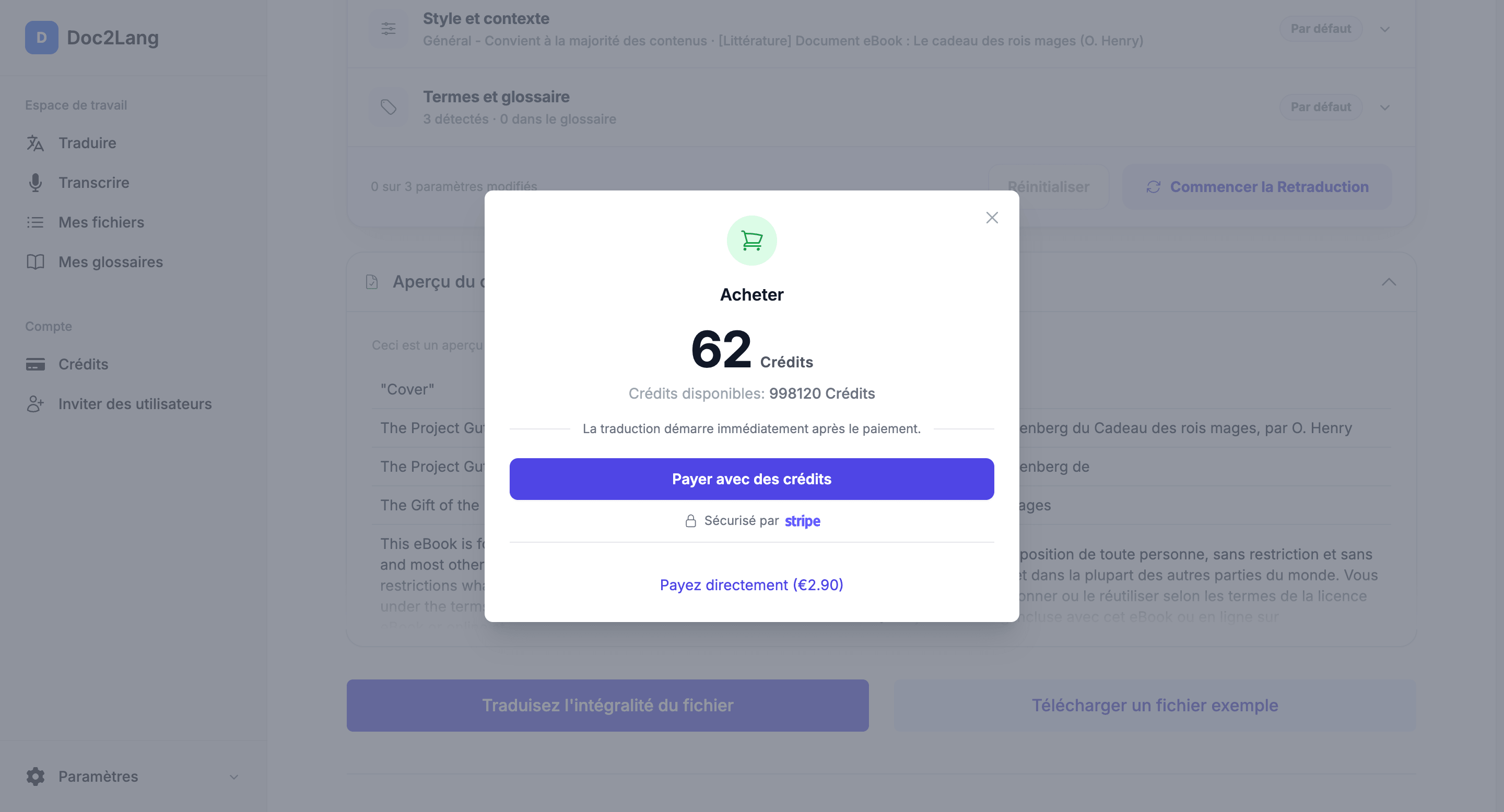 Écran de paiement avant la traduction, affichant les crédits et le montant, avec paiement via Stripe
