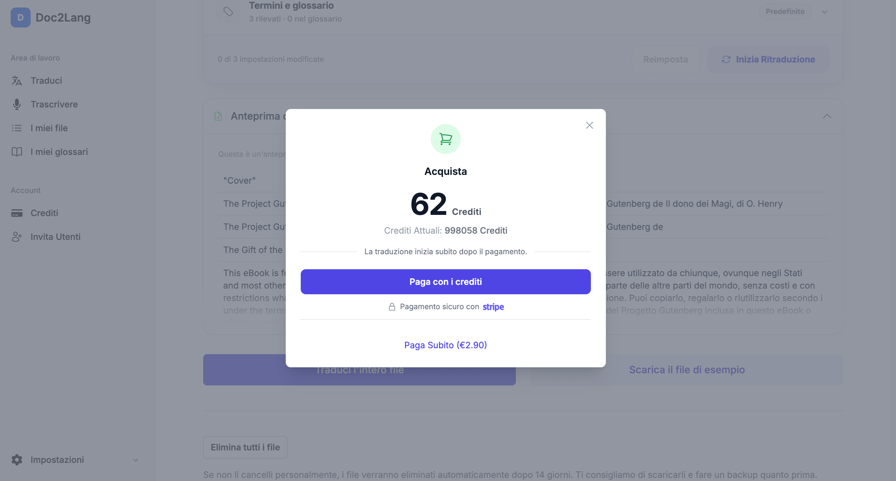 Schermata di pagamento prima della traduzione, che mostra i crediti e l'importo, con pagamento tramite Stripe