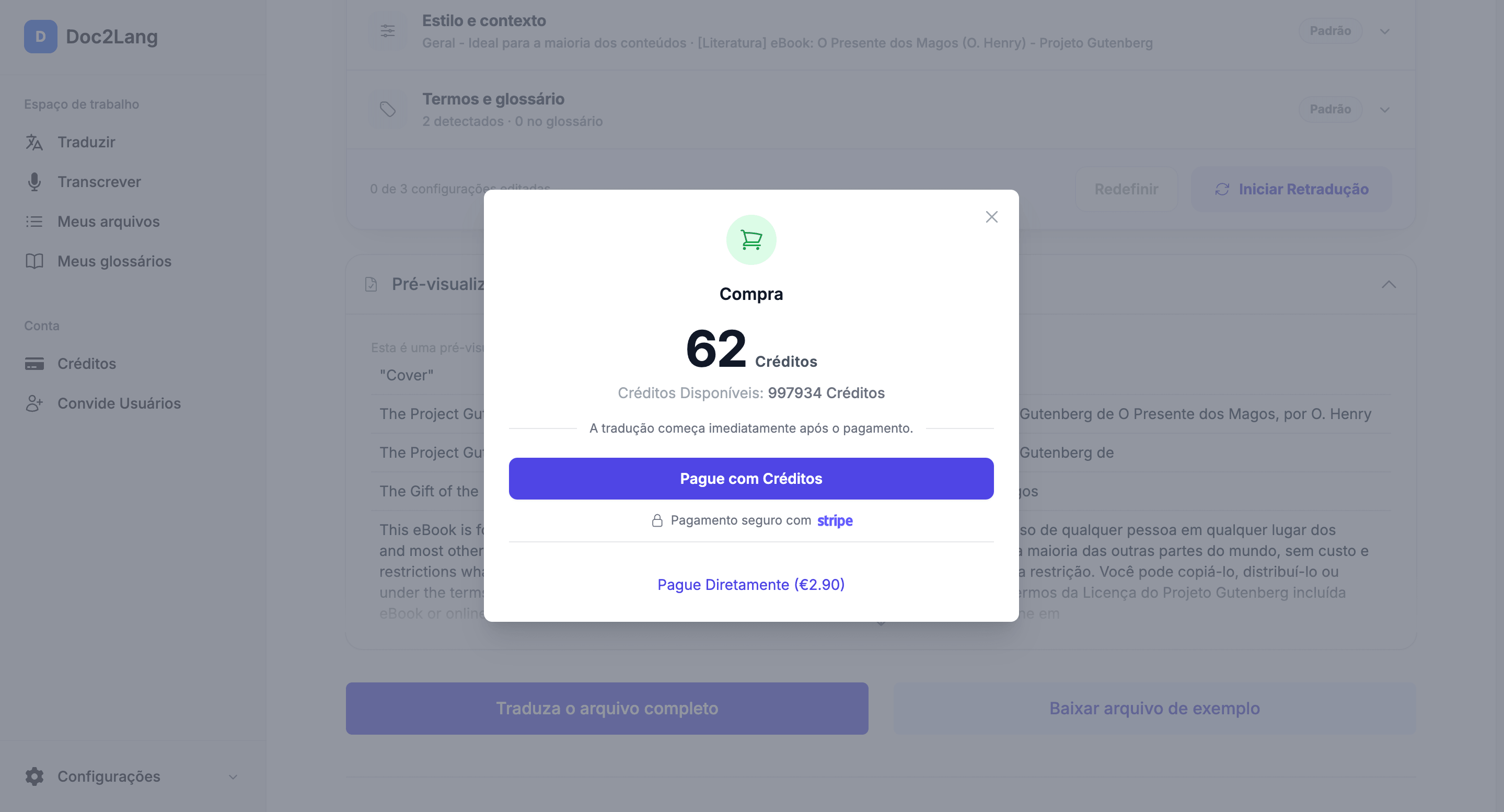 Tela de pagamento antes da tradução, mostrando os créditos e o valor, com pagamento via Stripe