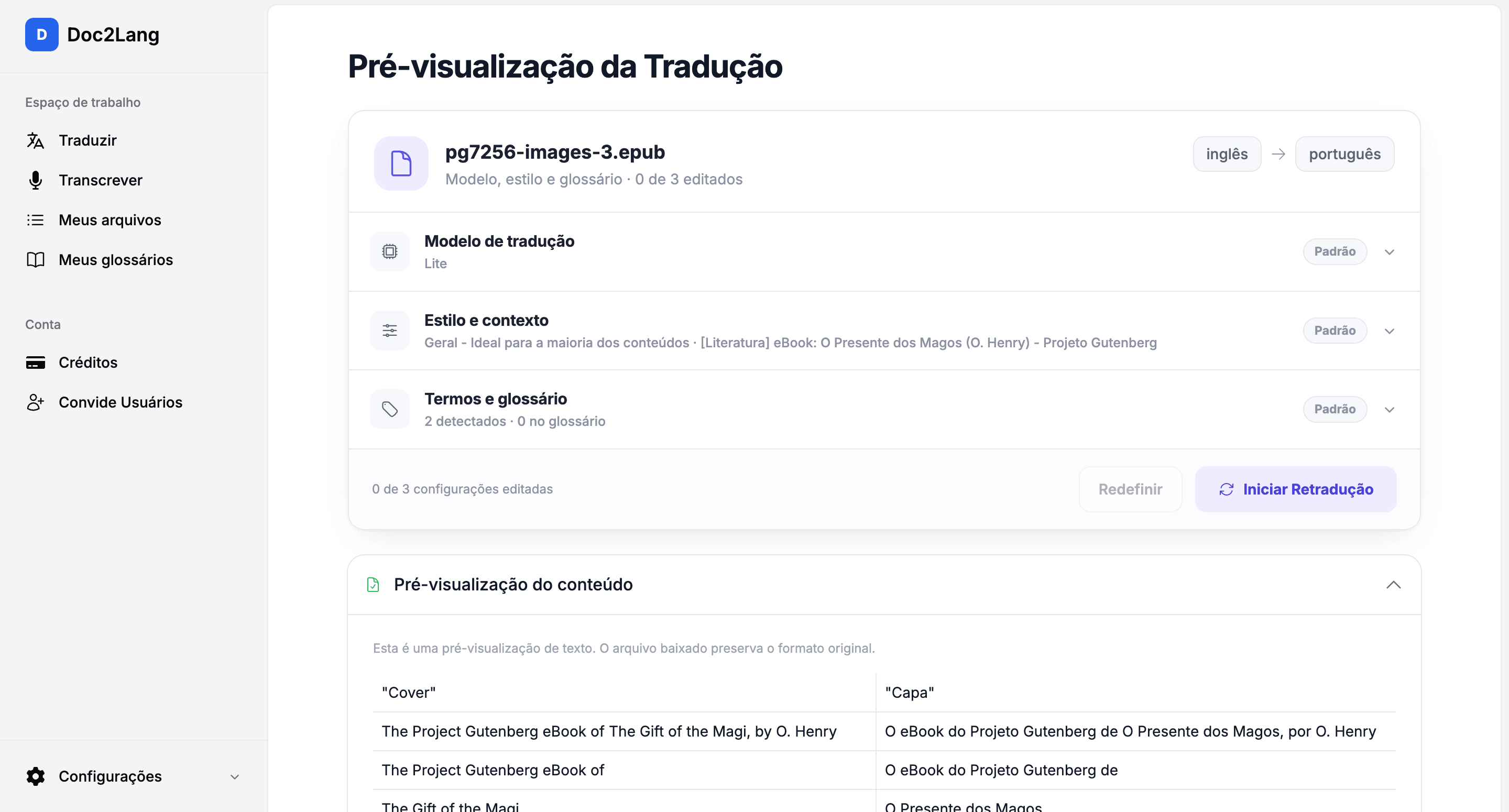 Tela de pré-visualização da tradução mostrando lado a lado o texto original em inglês e a tradução em português de «O Presente dos Magos»