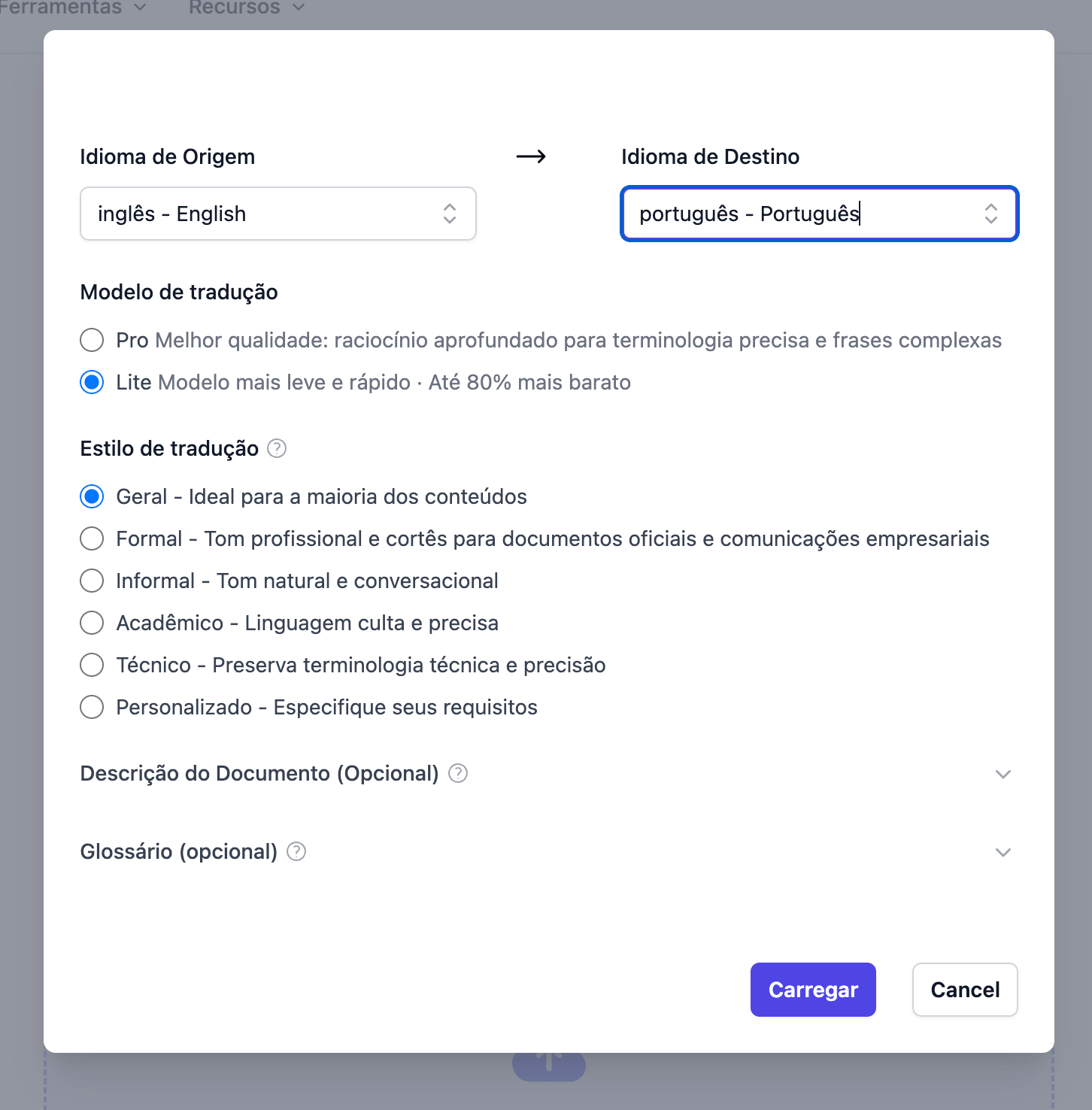 Caixa de diálogo do Doc2Lang para escolher idioma de origem e destino, o modelo Pro ou Lite, um estilo de tradução e um glossário