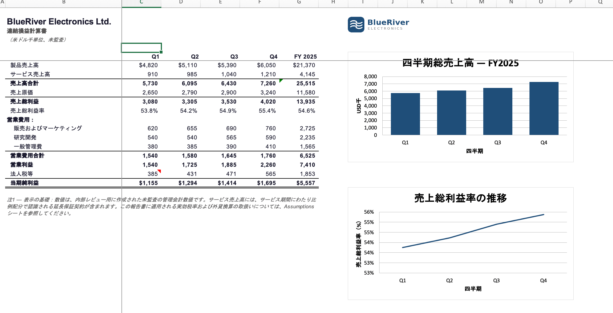 日本語に翻訳された連結損益計算書。グラフのタイトルと軸ラベルも日本語表記になったExcelシート