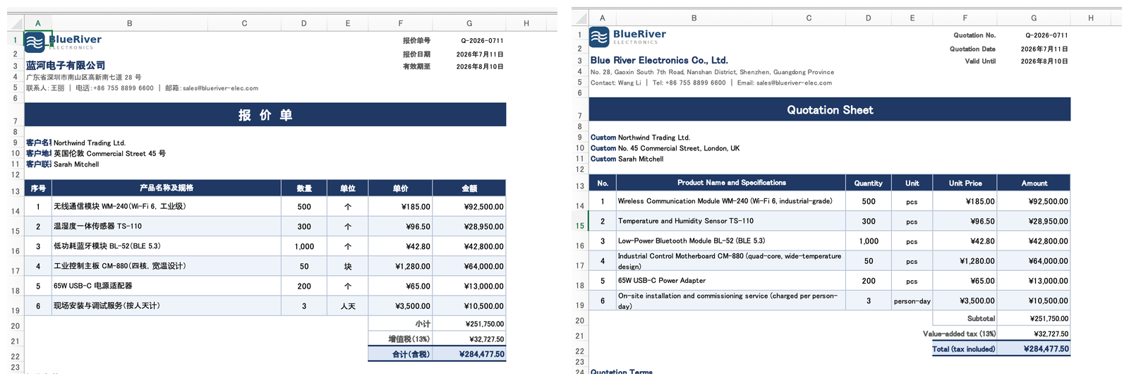中文报价单与翻译成英文后的报价单并排对比,标题栏、合并单元格和金额公式均保持一致