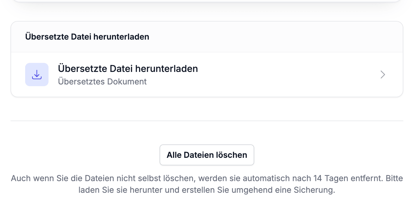 Der Abschlussbildschirm mit Download-Link und dem Hinweis auf die automatische Löschung