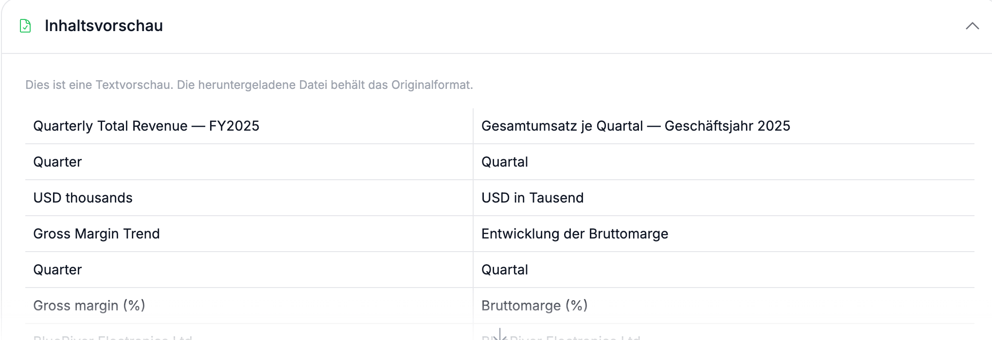 Die Vorschau mit dem englischen Original und der deutschen Übersetzung nebeneinander