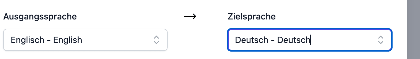 Der Doc2Lang-Upload-Dialog mit Englisch als Ausgangs- und Deutsch als Zielsprache