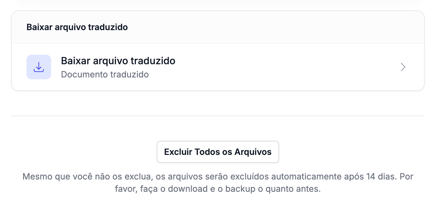 Tela após a tradução, com o botão de baixar, o botão de excluir o arquivo e o aviso de exclusão automática em 14 dias