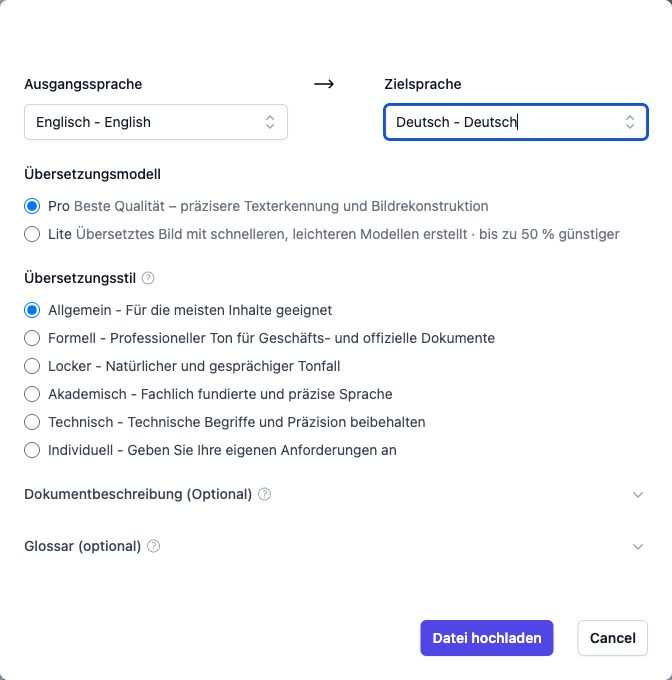 Einstellungen für die Bildübersetzung von Englisch nach Deutsch mit Pro und Allgemein