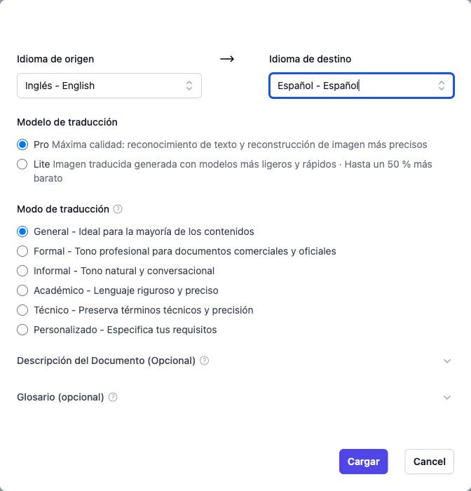 Configuración de Doc2Lang para traducir del inglés al español con Pro y General