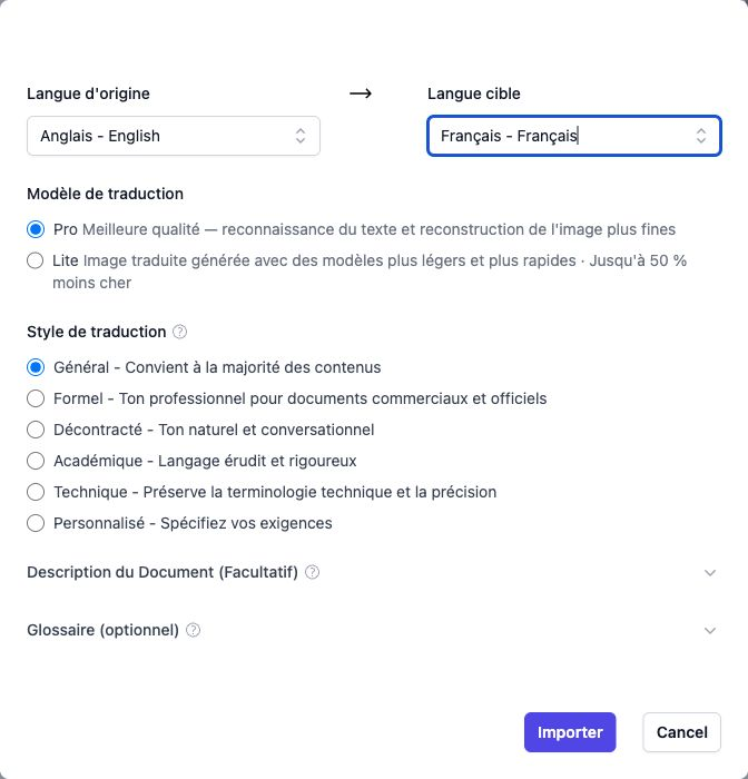 Réglages de traduction de l’anglais vers le français avec Pro et le style Général