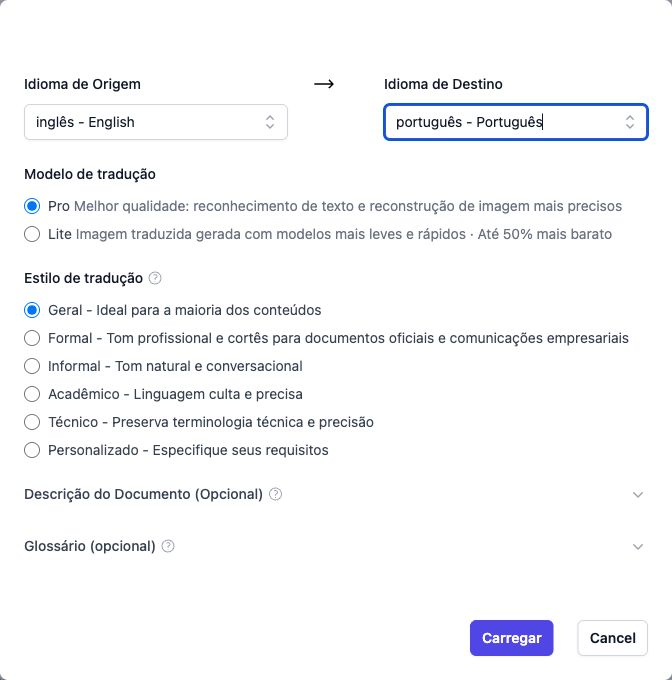 Opções de tradução do inglês para o português com Pro e Geral selecionados