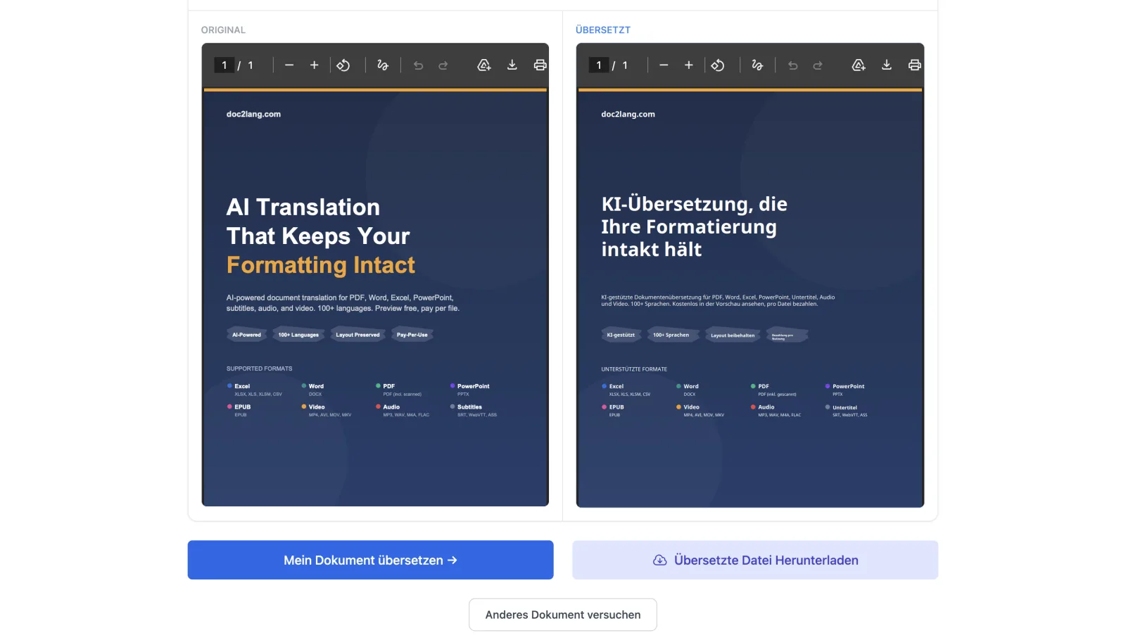Direkter Vergleich des Doc2Lang-Produktcover-PDFs, vom Englischen ins Deutsche übersetzt, mit perfekt erhaltenem Layout, Schriftarten, Farben und Feature-Pills