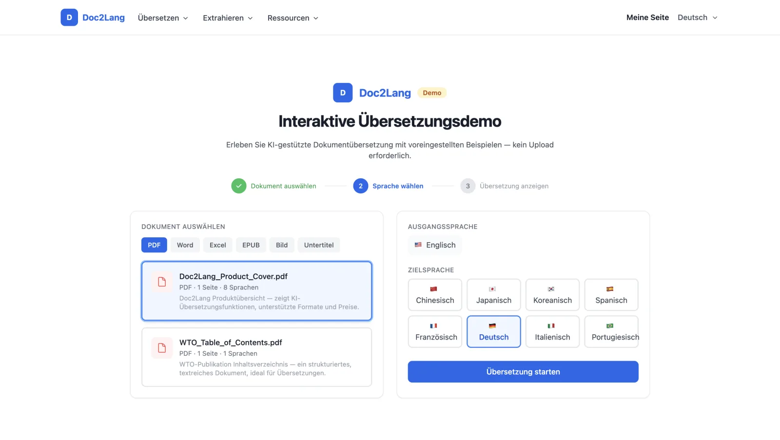 Schritt 2 der Doc2Lang-Demo auf Deutsch, mit PDF-Dokumentauswahl und Zielsprachen-Auswahl mit acht Optionen und ausgewähltem Deutsch