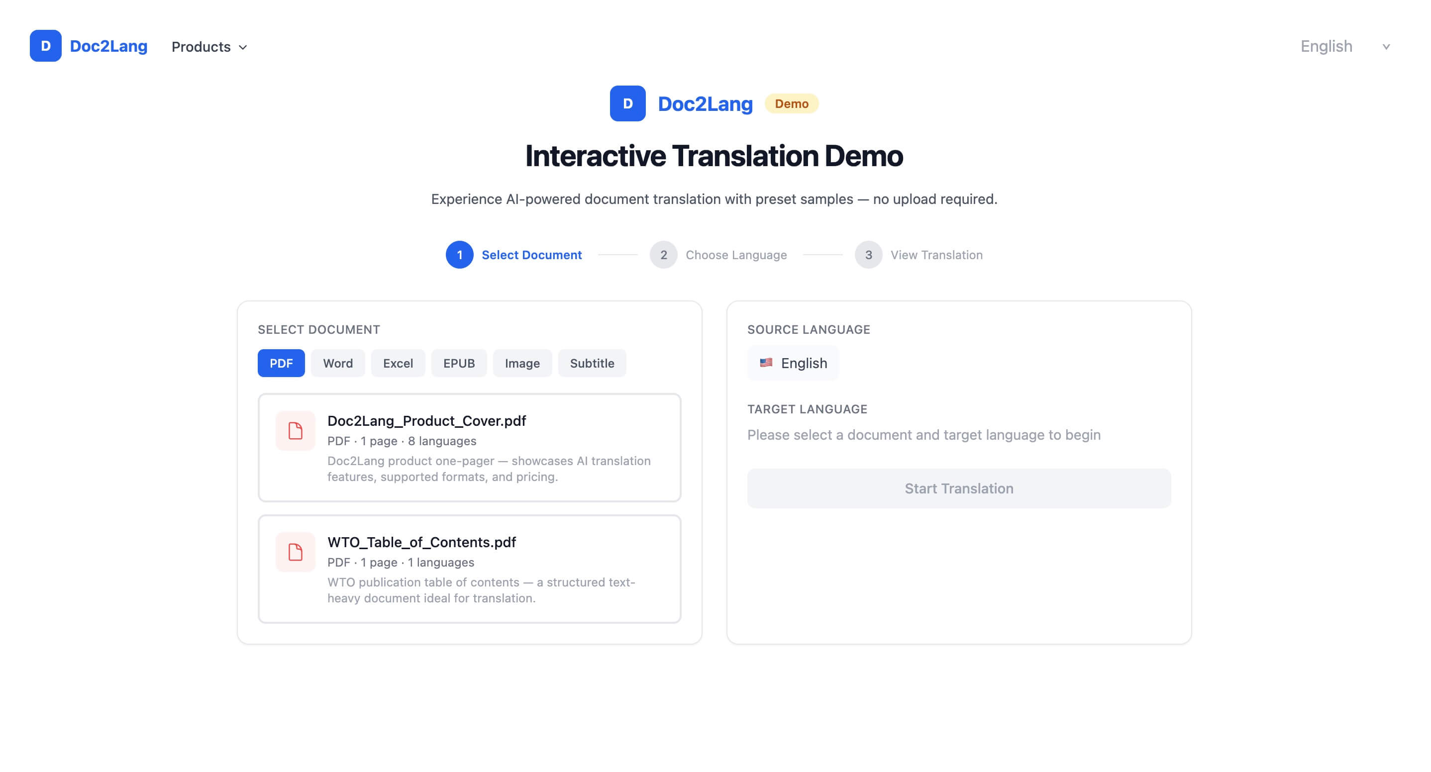 Doc2Lang 交互式 PDF 翻译器演示，包含 PDF、Word、Excel、EPUB、图像和字幕的格式标签页