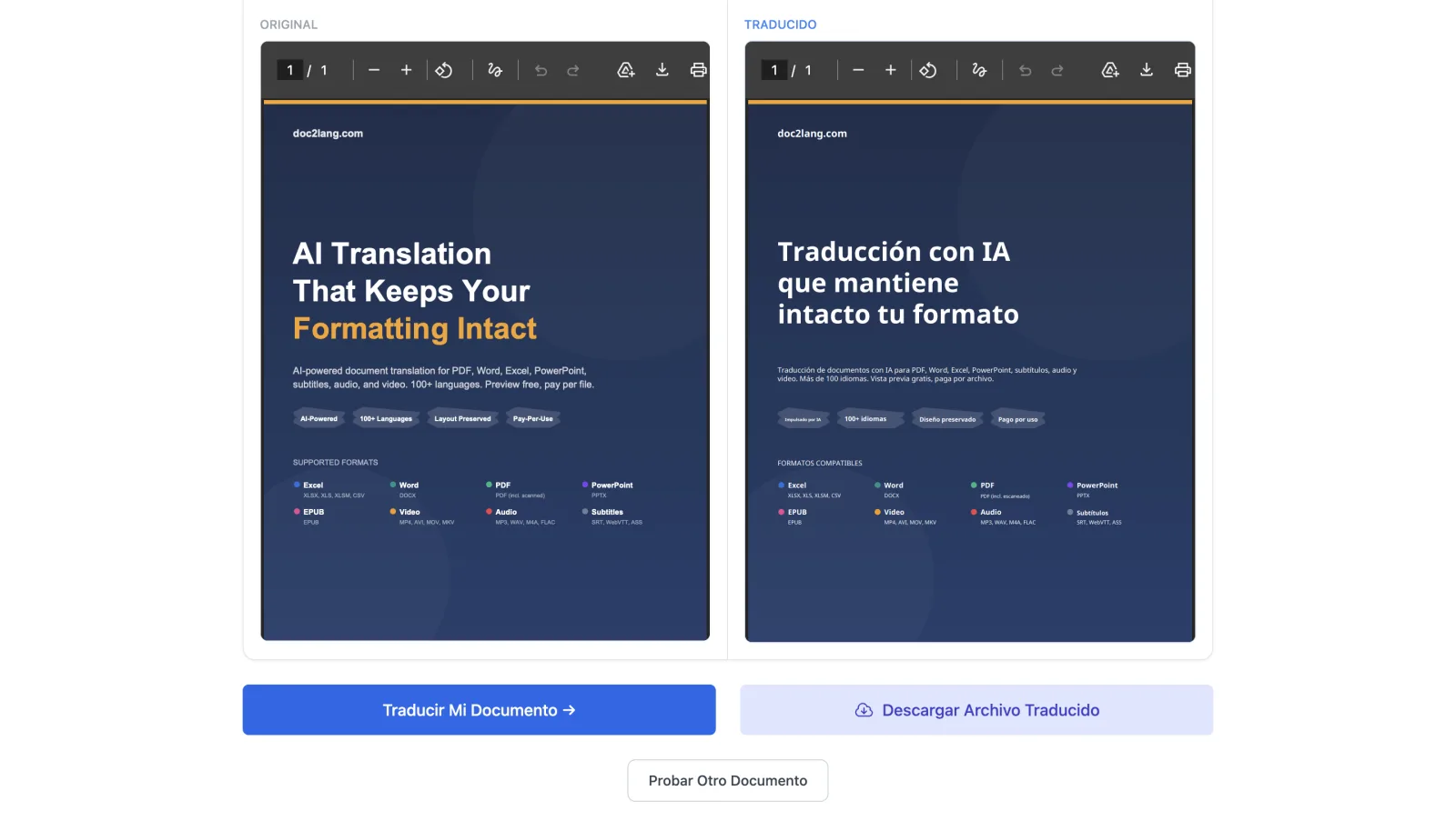 Comparación lado a lado de la portada del producto Doc2Lang en PDF traducida de inglés a español con diseño, fuentes, colores y píldoras de características perfectamente conservadas