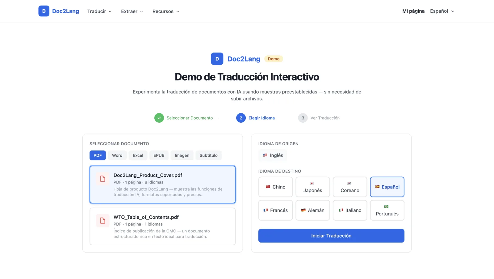 Paso 2 de la demo de Doc2Lang en español, mostrando la selección de documento PDF y el selector de idioma de destino con ocho opciones y el español seleccionado