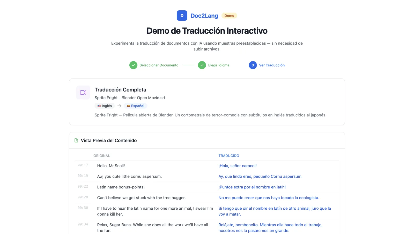 Demo de traducción de subtítulos de Doc2Lang mostrando la traducción SRT de inglés a español de la película Sprite Fright de Blender con marcas de tiempo y diálogo conservados