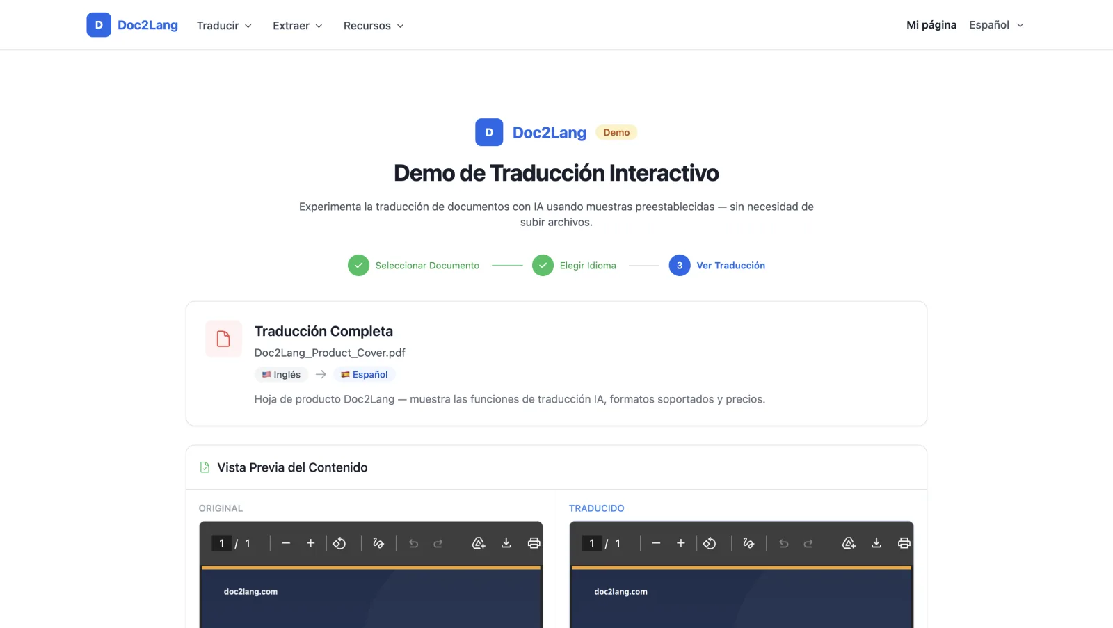 Pantalla de Traducción Completa de Doc2Lang mostrando una traducción exitosa de PDF de inglés a español