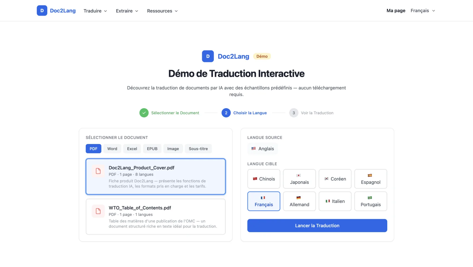 Étape 2 de la démo Doc2Lang en français, montrant la sélection de documents PDF et le sélecteur de langue cible avec huit options et le français sélectionné