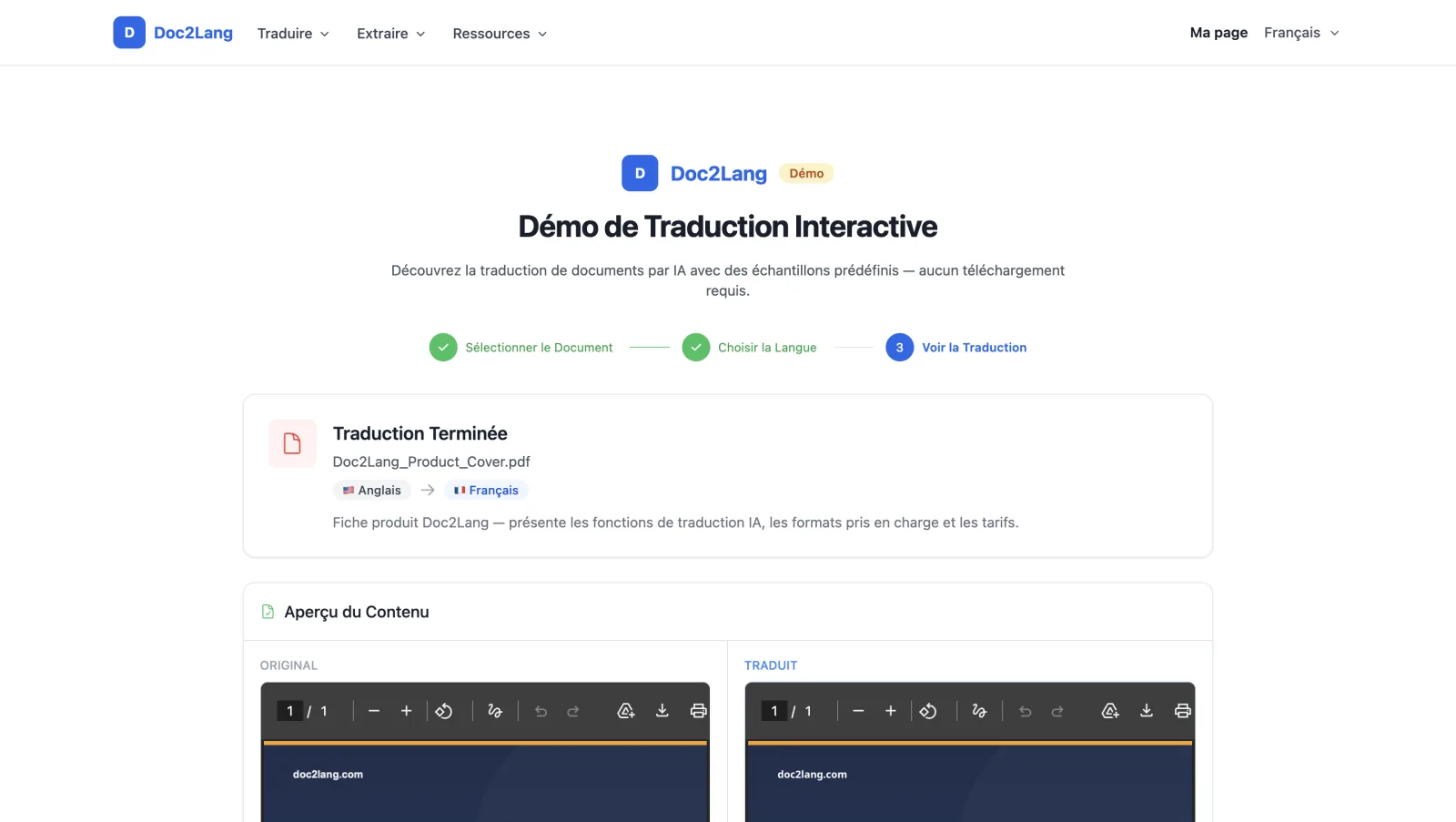 Écran Traduction terminée de Doc2Lang affichant une traduction PDF réussie de l'anglais vers le français
