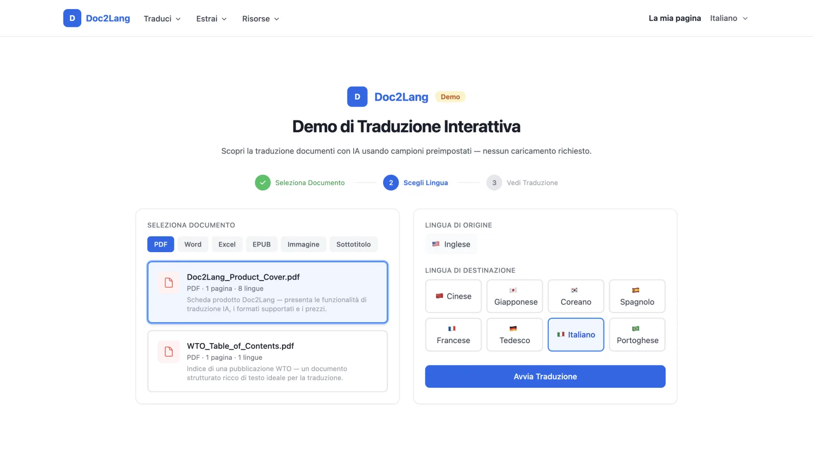 Demo di Doc2Lang passaggio 2 in italiano, che mostra la selezione del documento PDF e il selettore della lingua di destinazione con otto opzioni e l'italiano selezionato
