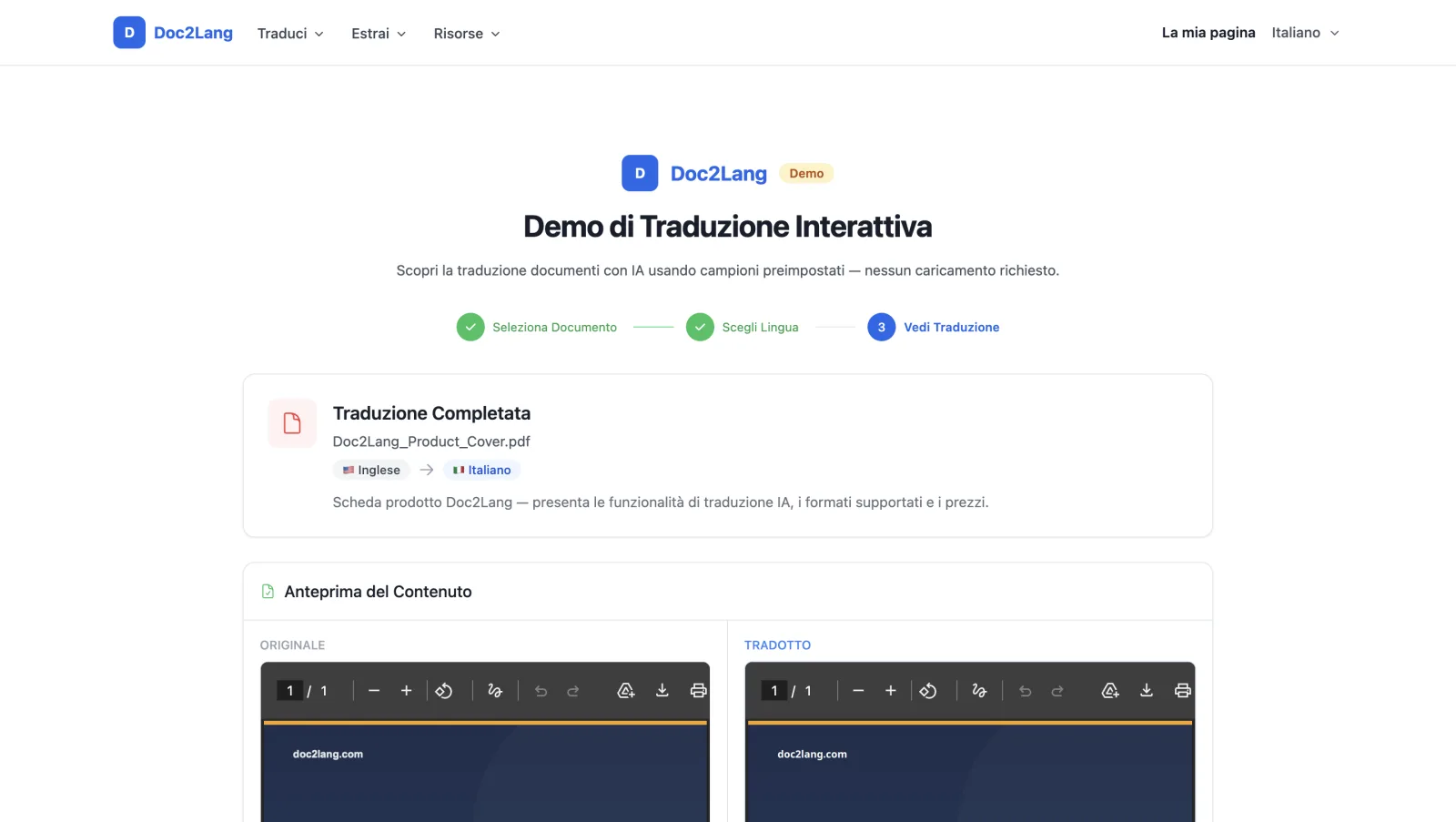 Schermata Traduzione Completata di Doc2Lang che mostra una traduzione PDF riuscita dall'inglese all'italiano