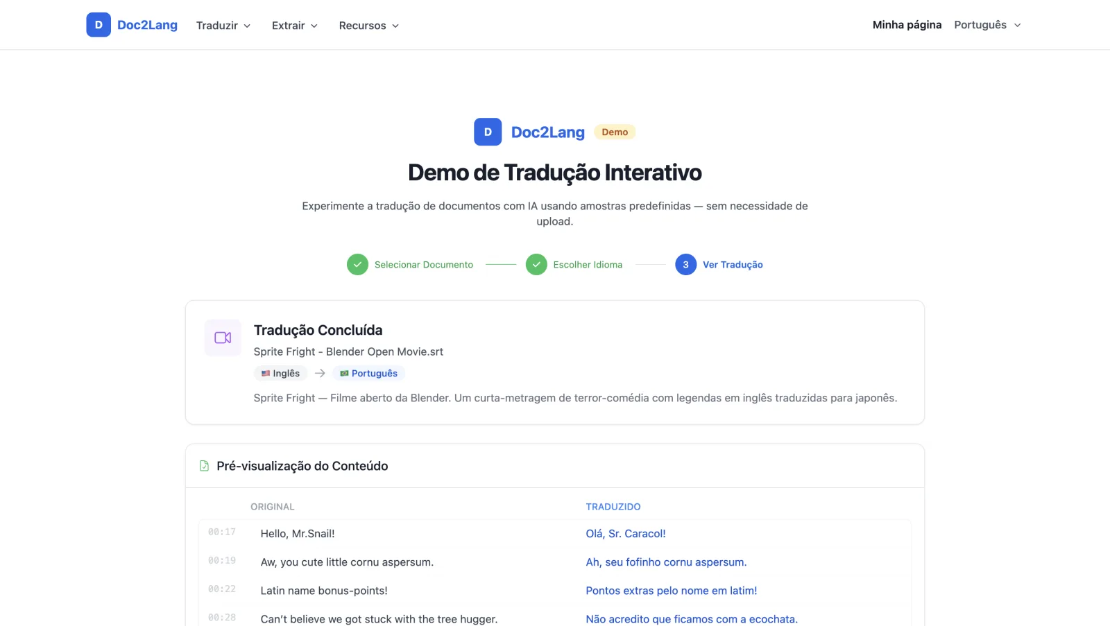Demonstração do Doc2Lang com cues SRT originais e traduzidos de Sprite Fright lado a lado