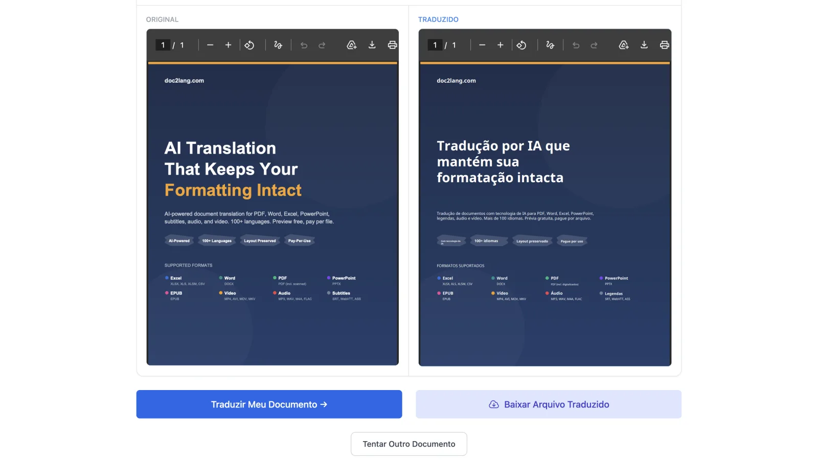 Tela de Tradução Concluída do Doc2Lang mostrando a tradução bem-sucedida de um PDF do inglês para o português