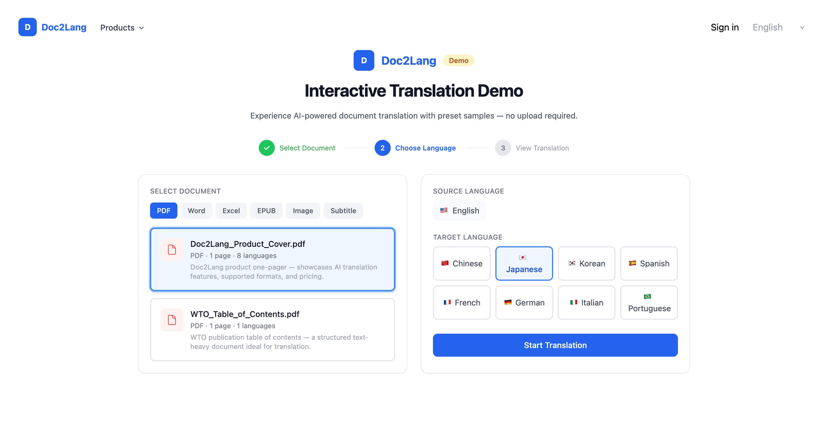 Doc2Lang 演示第二步，展示 PDF 文档选择和带有八种语言选项的目标语言选择器