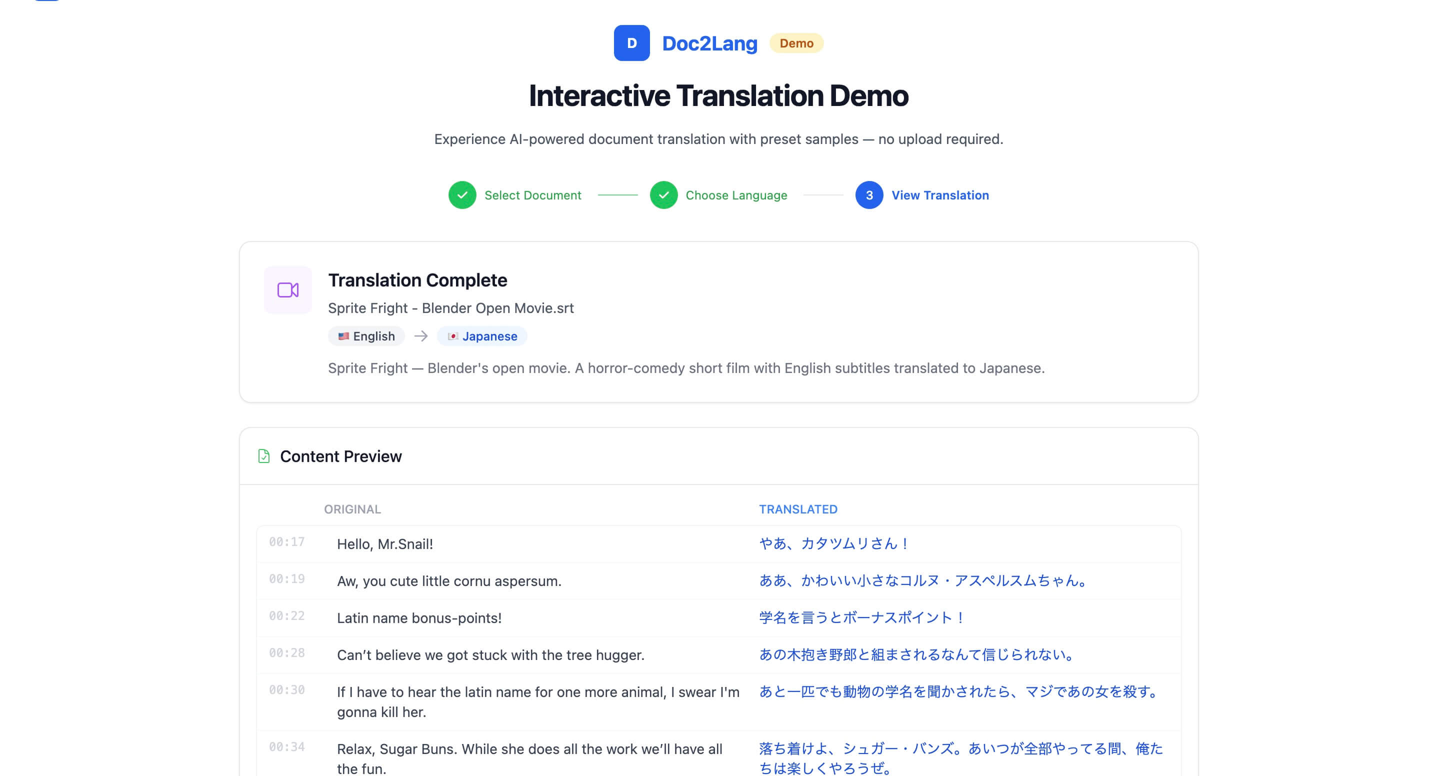 Doc2Lang 字幕翻译演示，展示 Blender Sprite Fright 电影从英文到日文的 SRT 翻译，时间戳和对白都被保留