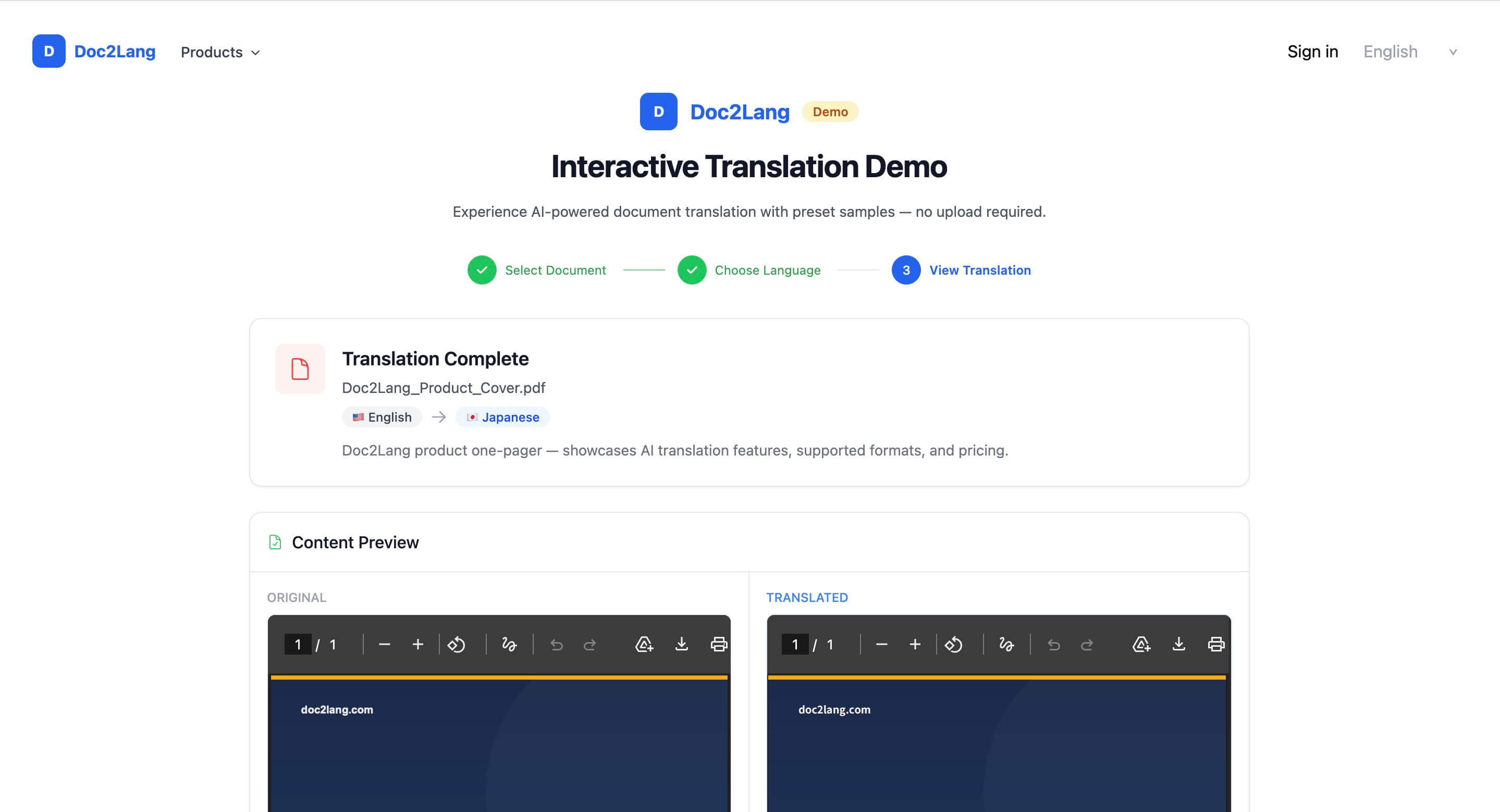 Doc2Lang 翻译完成界面，展示从英文到日文的 PDF 翻译成功结果