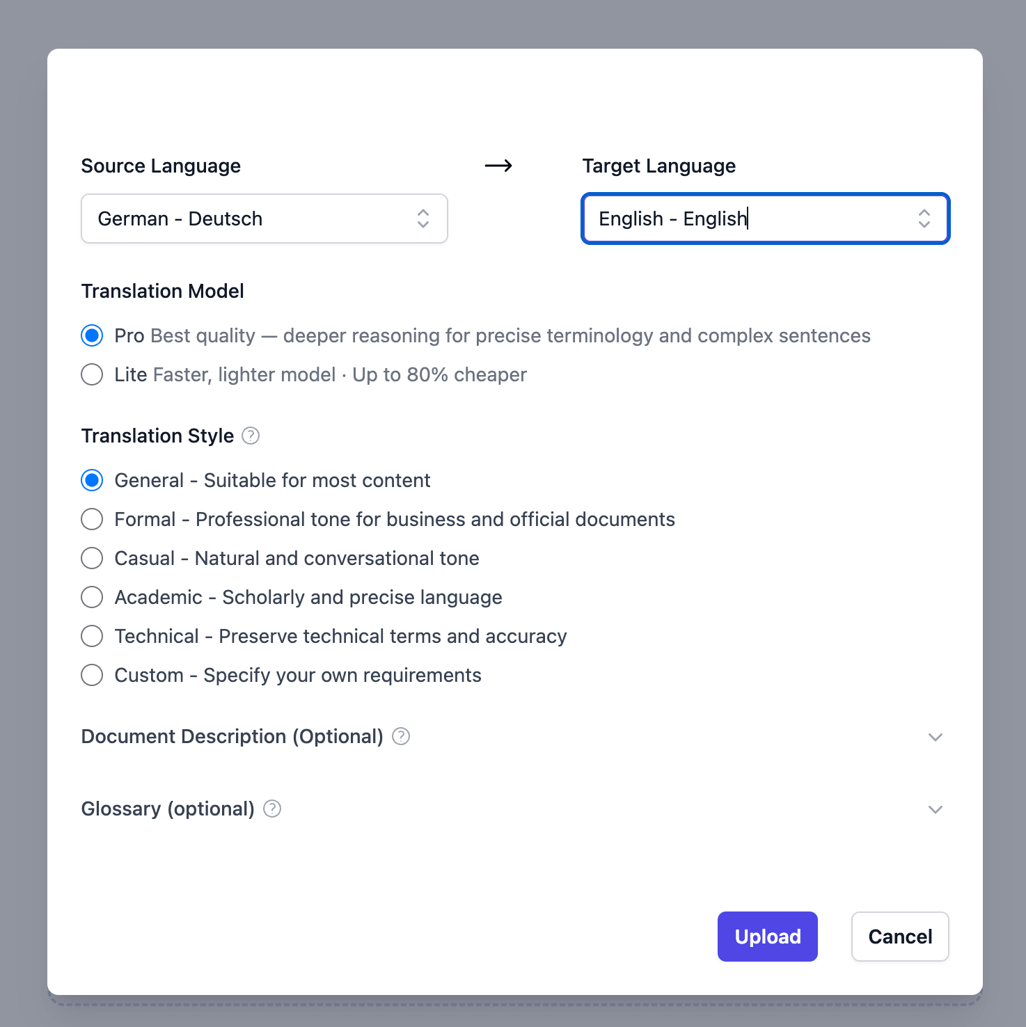 Doc2Lang-Upload-Dialog mit Deutsch als Quell- und Englisch als Zielsprache und Pro-Modell
