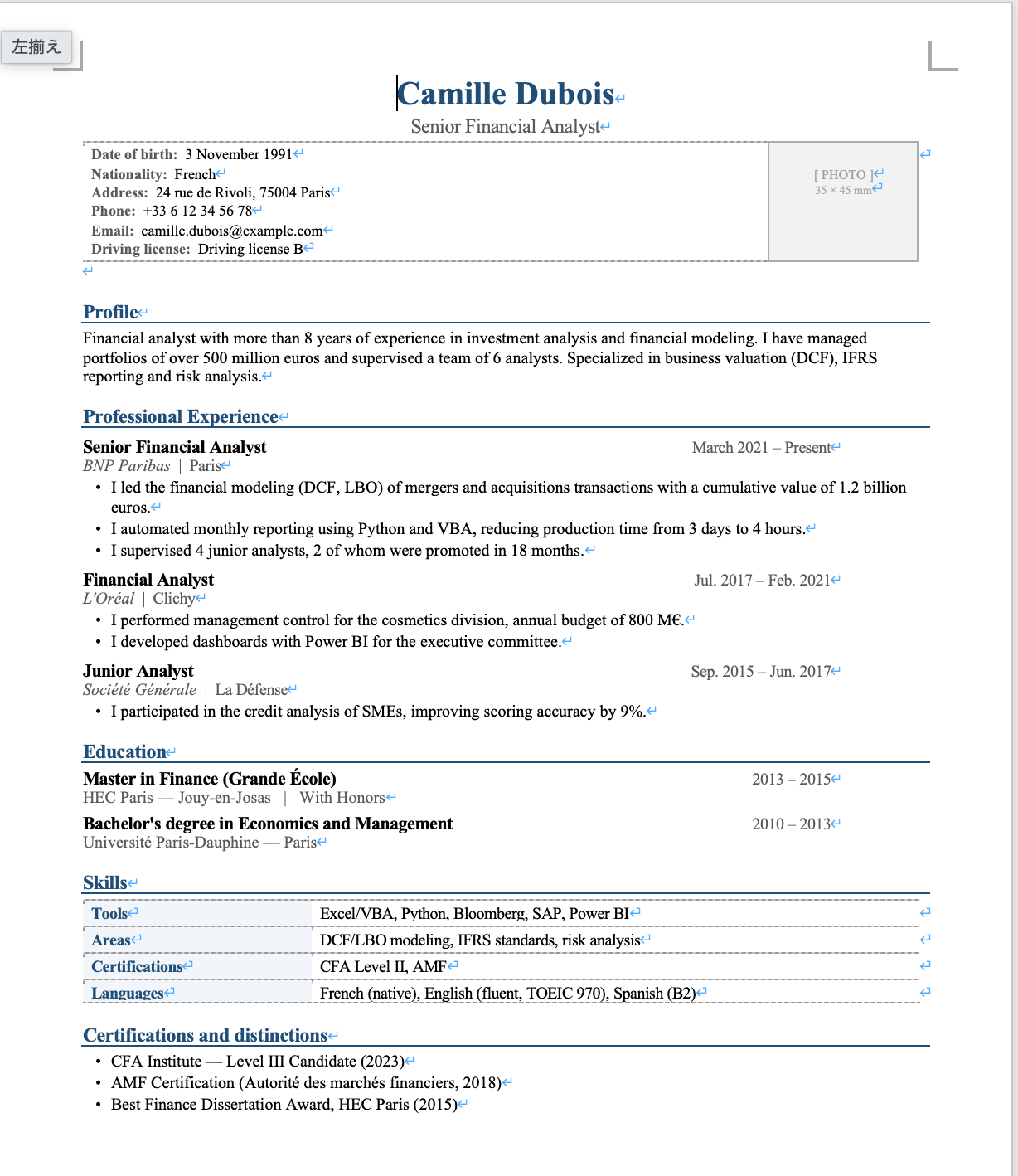 Le même CV français traduit en anglais avec le modèle Lite